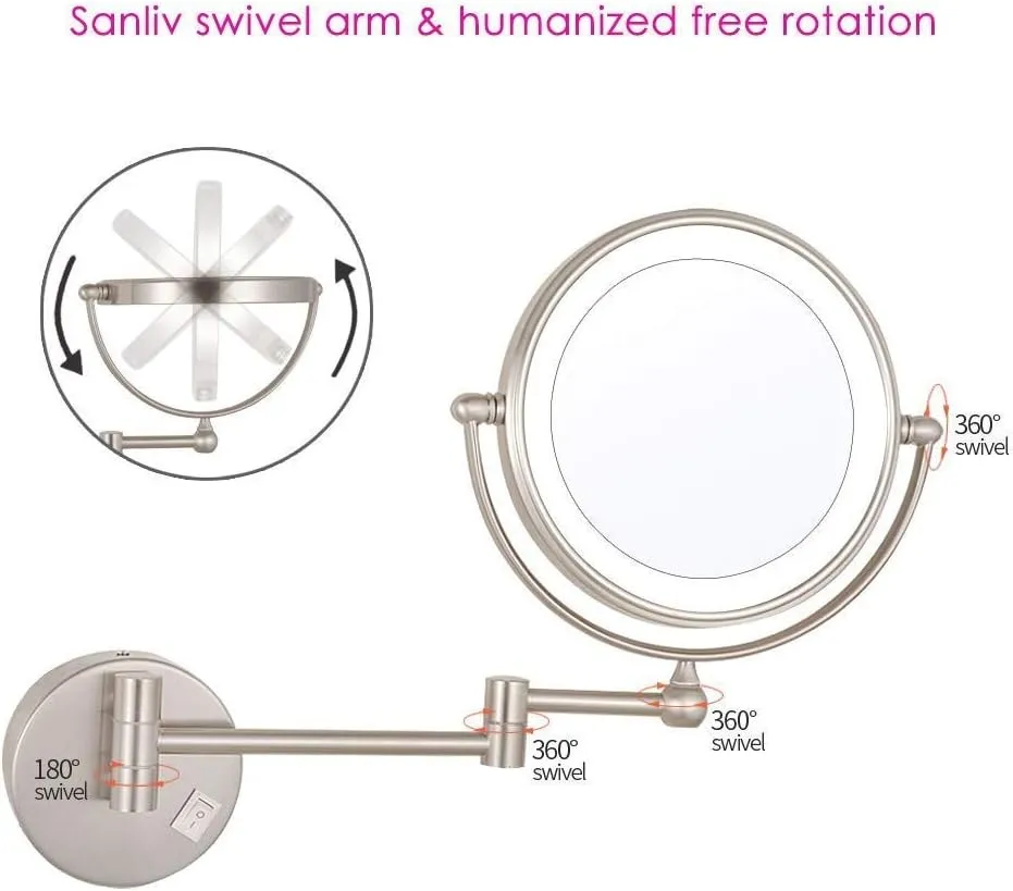Makeup Mirror with Led Lights 10X, Makeup Mirror Wall Mounted, Round Makeup Mirror 360 Rotation, for Makeup(Nickel)