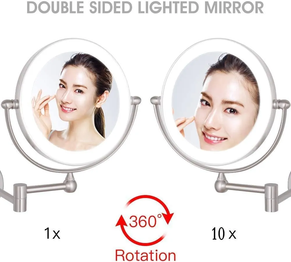 Makeup Mirror with Led Lights 10X, Makeup Mirror Wall Mounted, Round Makeup Mirror 360 Rotation, for Makeup(Nickel)