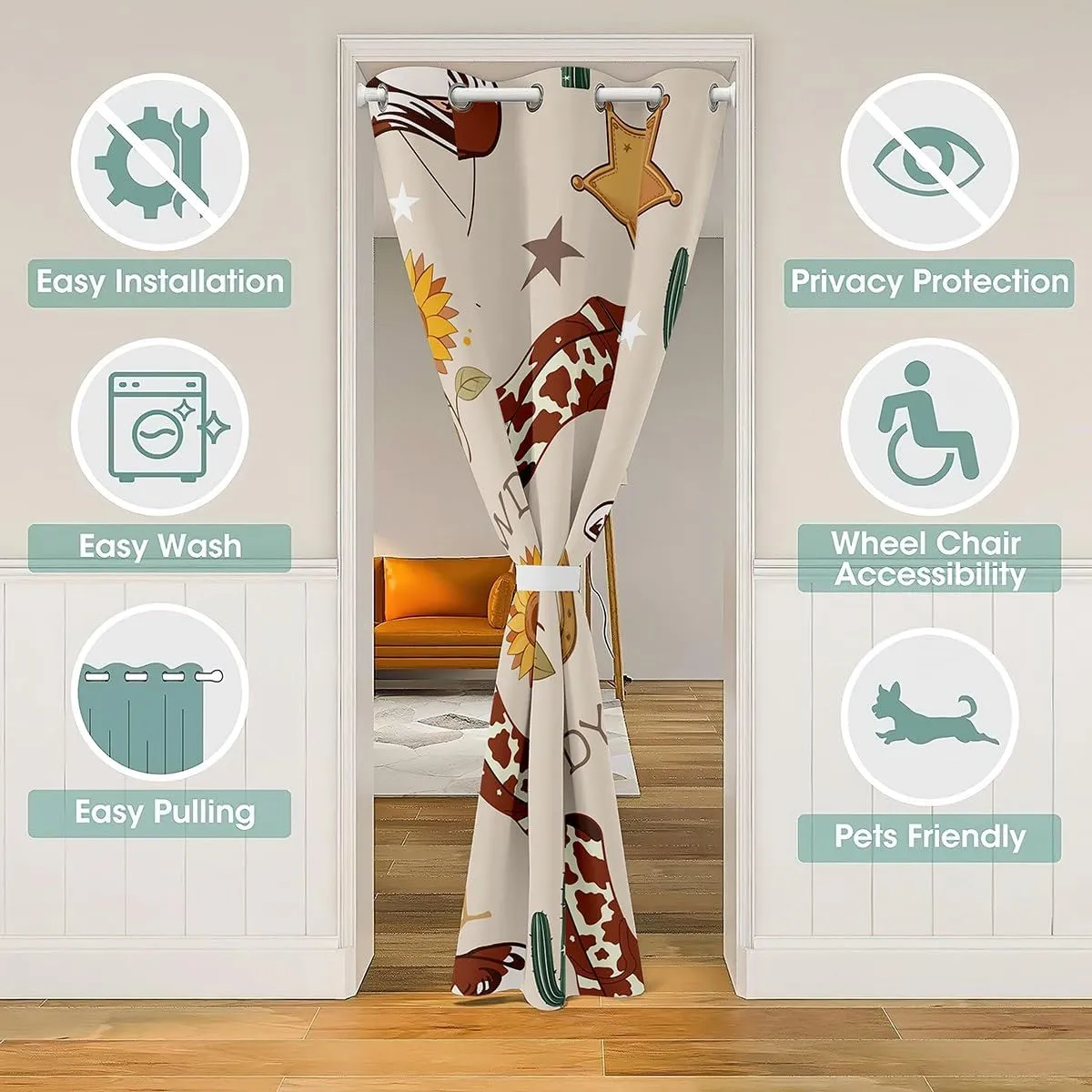 Manfei Cowboy Doorway Curtain 1 Panel,Western Boots Hats Texas Star Horseshoe Tribal Closet Door Curtain for Bedroom Living RoomRustic Cowhide Desert Cactus Sunflower Beige Privacy Door Drape,80"×42"