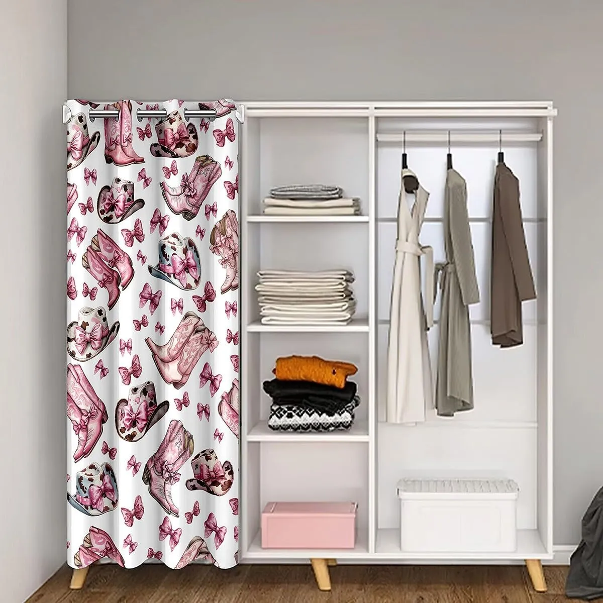 Manfei Cowgirl 1 Panel Doorway Curtain,Princess Style Bow Pink Bowknot Blackout Closet Door Curtain,Western Tribal Boots Rustic Brown Cowhide Print Caps Door Drape for Privacy Shading Decor,80"×60"