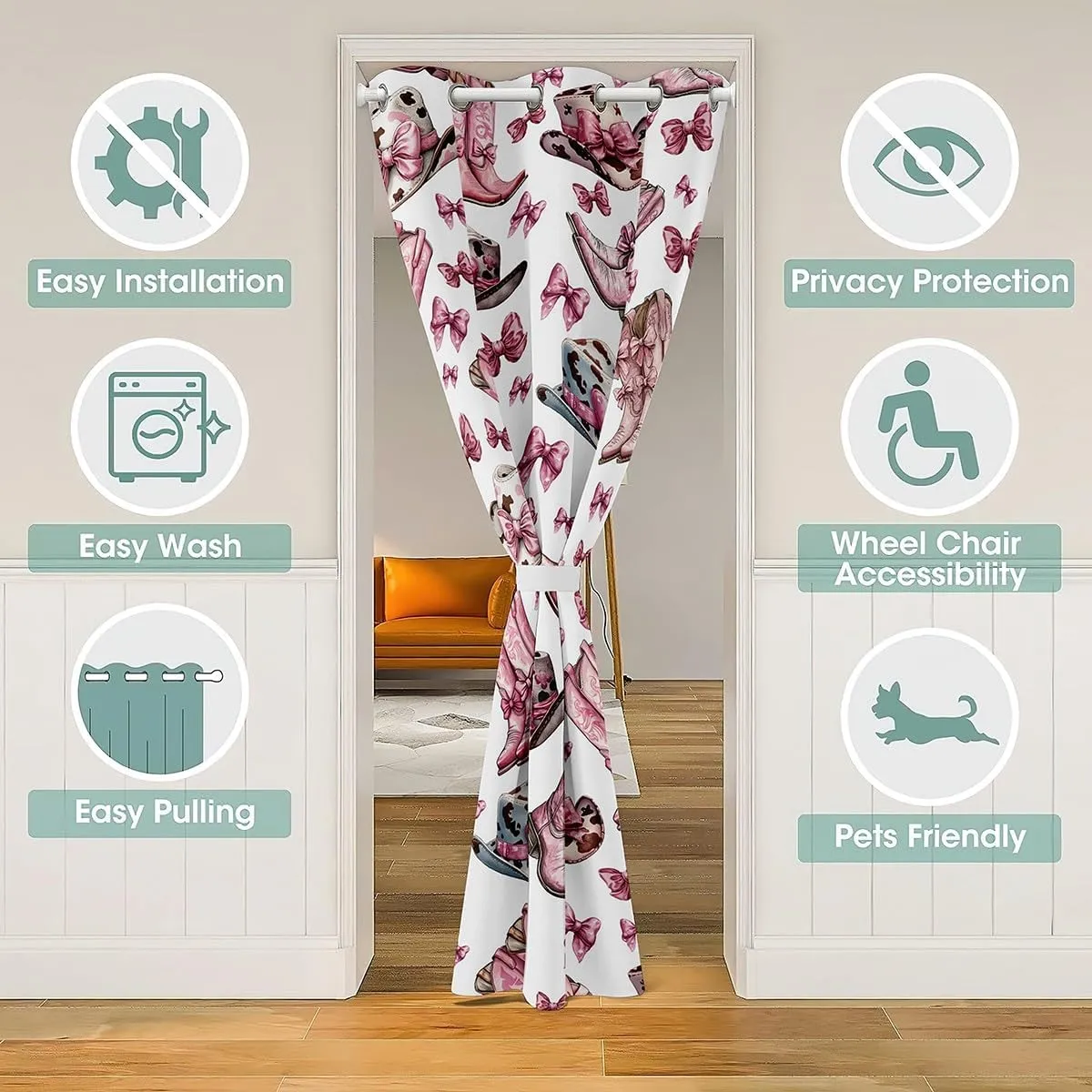 Manfei Cowgirl 1 Panel Doorway Curtain,Princess Style Bow Pink Bowknot Blackout Closet Door Curtain,Western Tribal Boots Rustic Brown Cowhide Print Caps Door Drape for Privacy Shading Decor,80"×60"