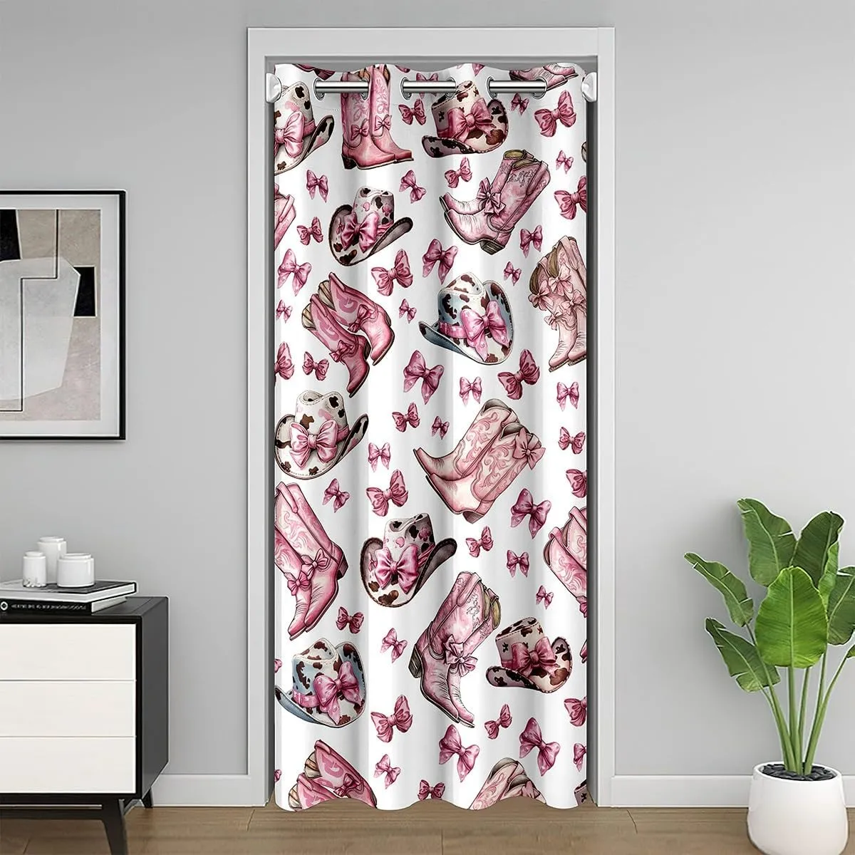 Manfei Cowgirl 1 Panel Doorway Curtain,Princess Style Bow Pink Bowknot Blackout Closet Door Curtain,Western Tribal Boots Rustic Brown Cowhide Print Caps Door Drape for Privacy Shading Decor,80"×60"