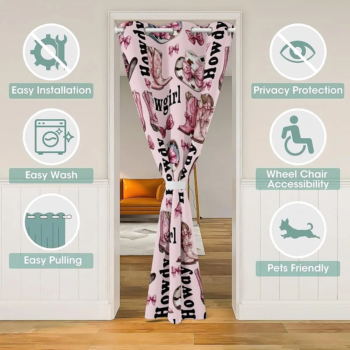 Manfei Western Cowgirl 1 Panel Doorway Curtain,Princess Bowknot Kawaii Pink Bow-tie Blackout Closet Door Curtain,Rustic Cowhide Print Cowgirl Boots Cap Door Drape for Privacy Shading Decor,80"×60"