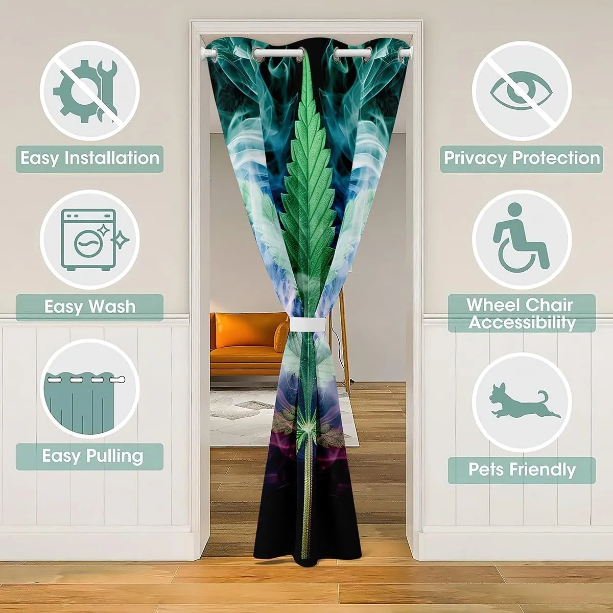 Marijuana Leaf Door Curtain Misty Cannabis Leaf Blackout Curtain Wild Weed Plant Doorway Curtain for Kids Teens Adults Gothic Nature Plants Door Drape 34" W X 80" L