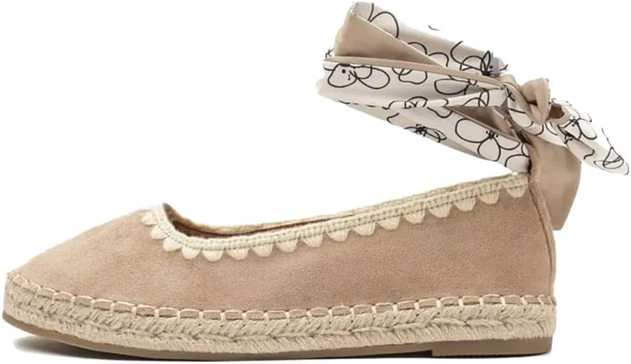 Mary Jane Espadrilles for Women Round Toe Ribbon Ballet Flat Espadrille Platform Sole Flats Comfortable Dress Shoes