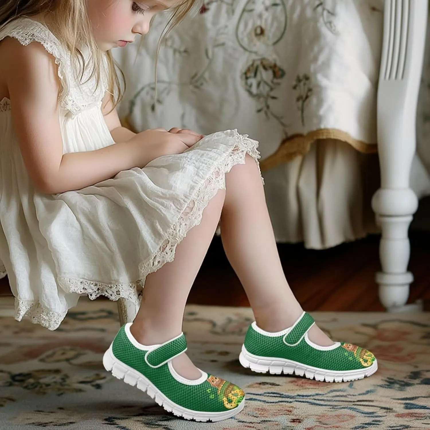 Mary Janes for Girls St. Patrick's Day Print Dress Shoes Kids School Shoes Toddler Mesh Walking Shoes with Adjustable Strap