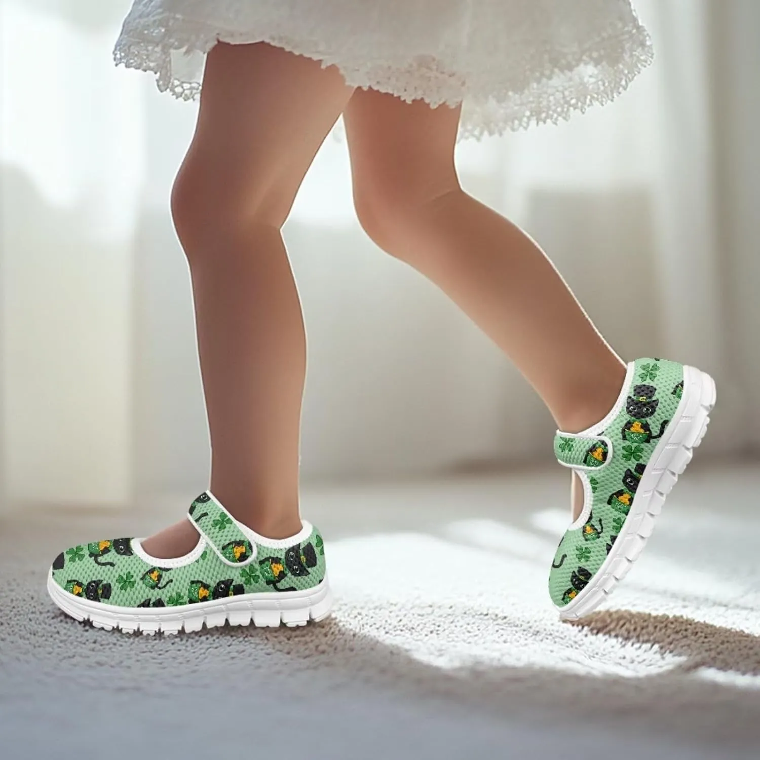 Mary Janes for Girls St. Patrick's Day Print Dress Shoes Kids School Shoes Toddler Mesh Walking Shoes with Adjustable Strap