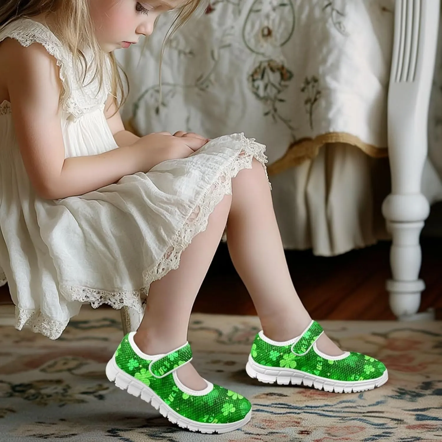 Mary Janes for Girls St. Patrick's Day Print Dress Shoes Kids School Shoes Toddler Mesh Walking Shoes with Adjustable Strap