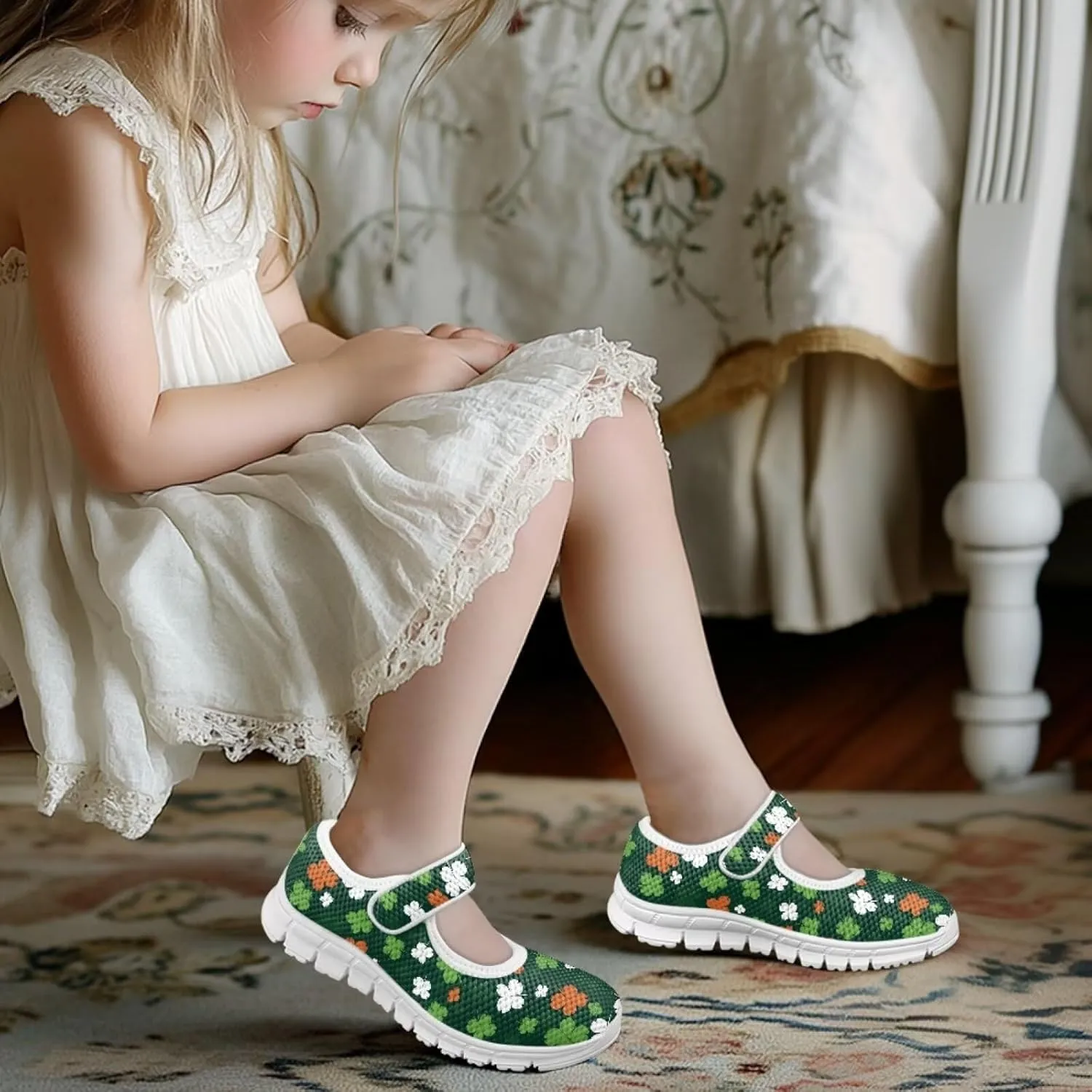 Mary Janes for Girls St. Patrick's Day Print Dress Shoes Kids School Shoes Toddler Mesh Walking Shoes with Adjustable Strap