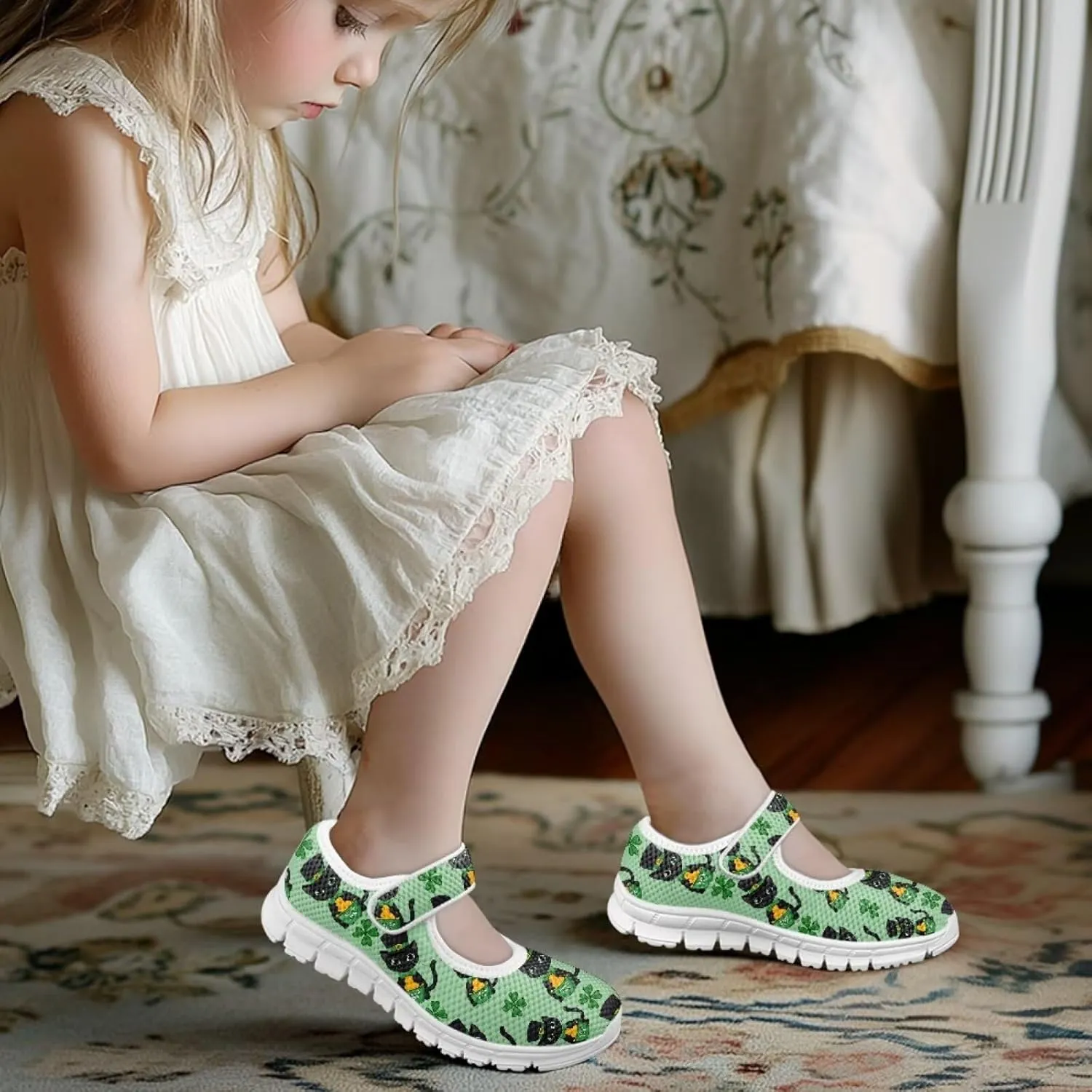 Mary Janes for Girls St. Patrick's Day Print Dress Shoes Kids School Shoes Toddler Mesh Walking Shoes with Adjustable Strap
