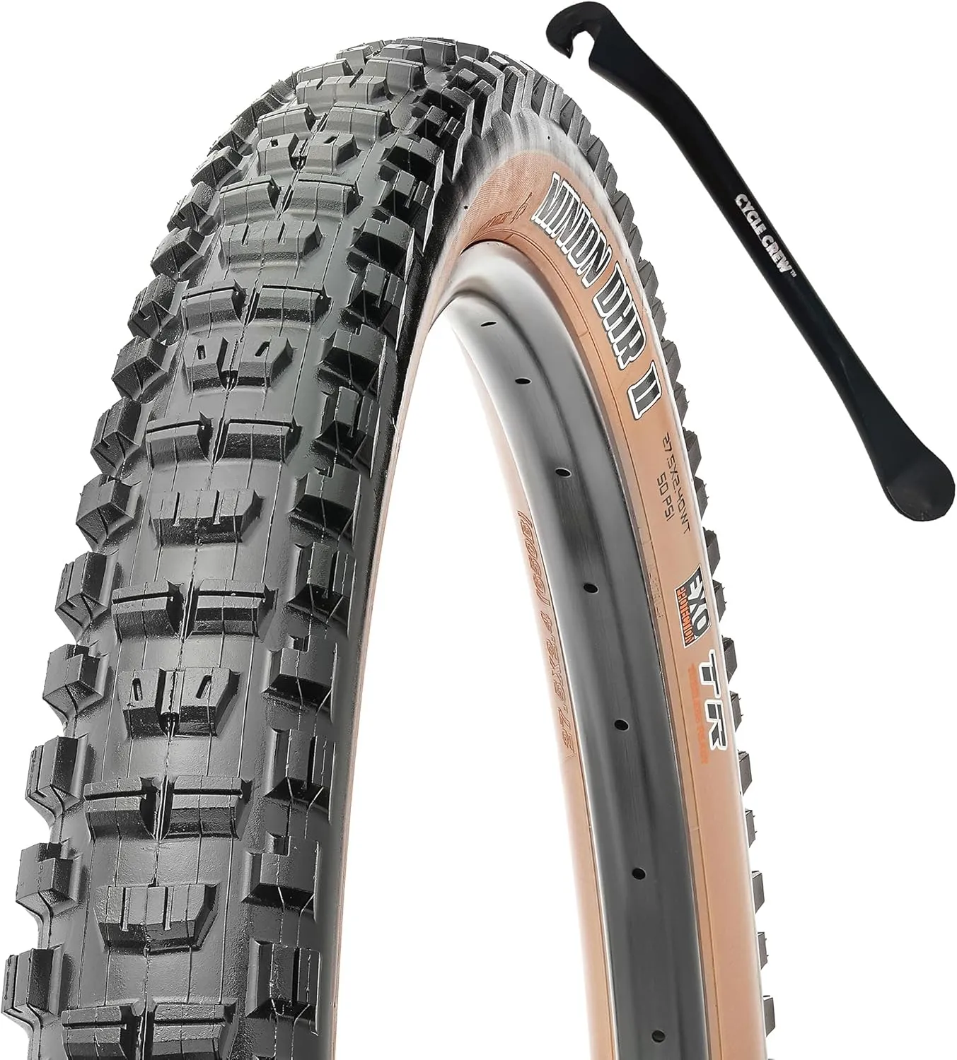 MAXXIS Minion DHR II Mountain Bike Tire - Tan Sidewall - 27.5" & 29" - Bundle with Cycle Crew Tire Lever