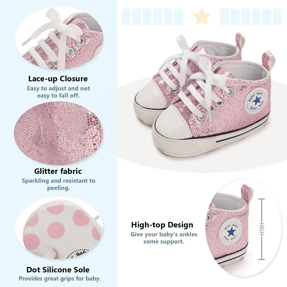 Meckior Baby Girls Boys Canvas Sneakers Soft Sole High-Top Ankle Infant First Walkers Crib Shoes