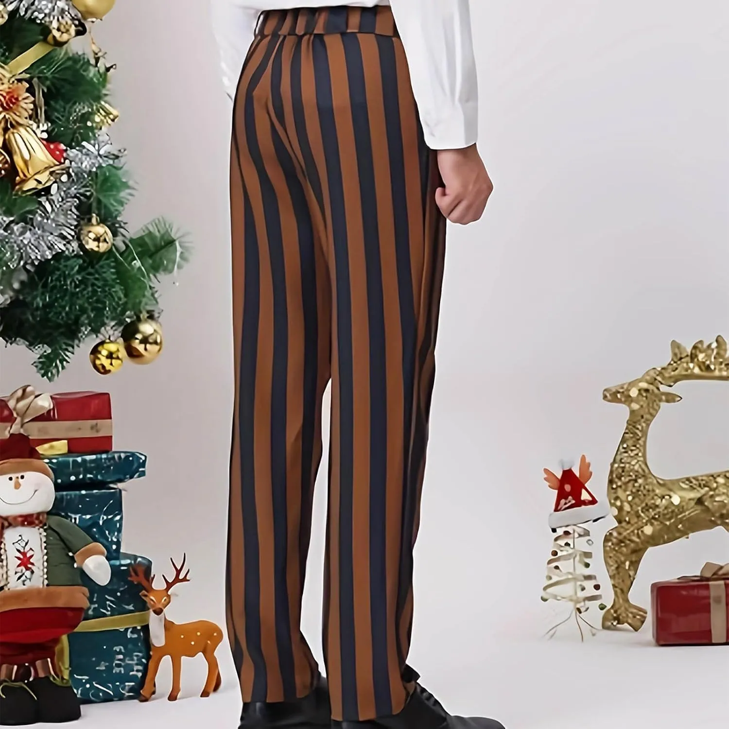 Mens Chinos Pants Stripe Plaid Printed Straight Fit Casual Flat-Front Dress Pants Suit Button Pants Fashion Gifts