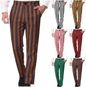Mens Chinos Pants Stripe Plaid Printed Straight Fit Casual Flat-Front Dress Pants Suit Button Pants Fashion Gifts