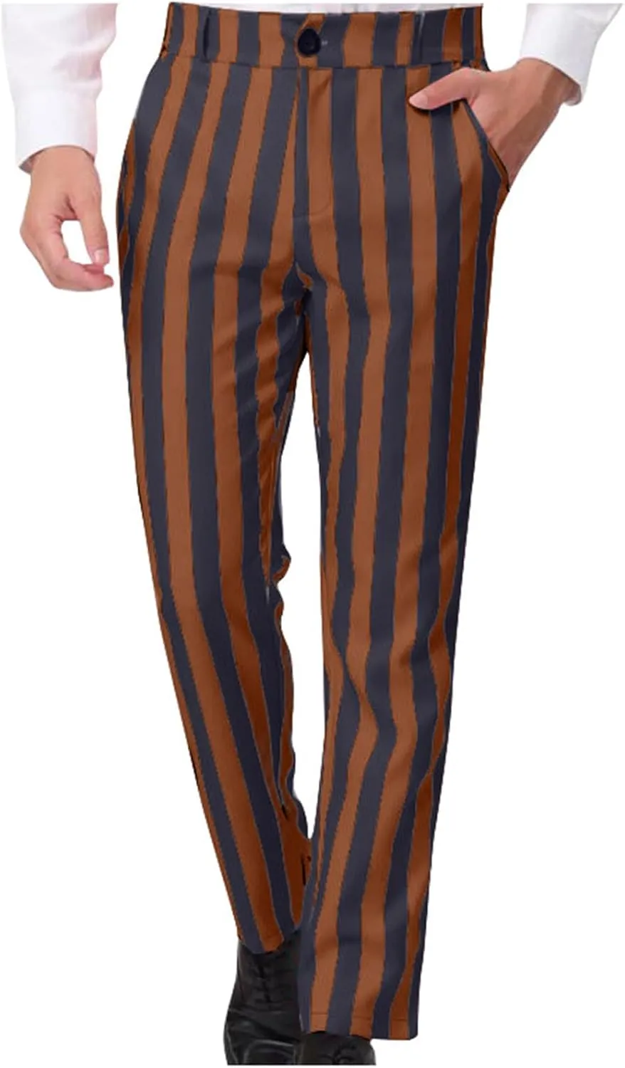 Mens Chinos Pants Stripe Plaid Printed Straight Fit Casual Flat-Front Dress Pants Suit Button Pants Fashion Gifts