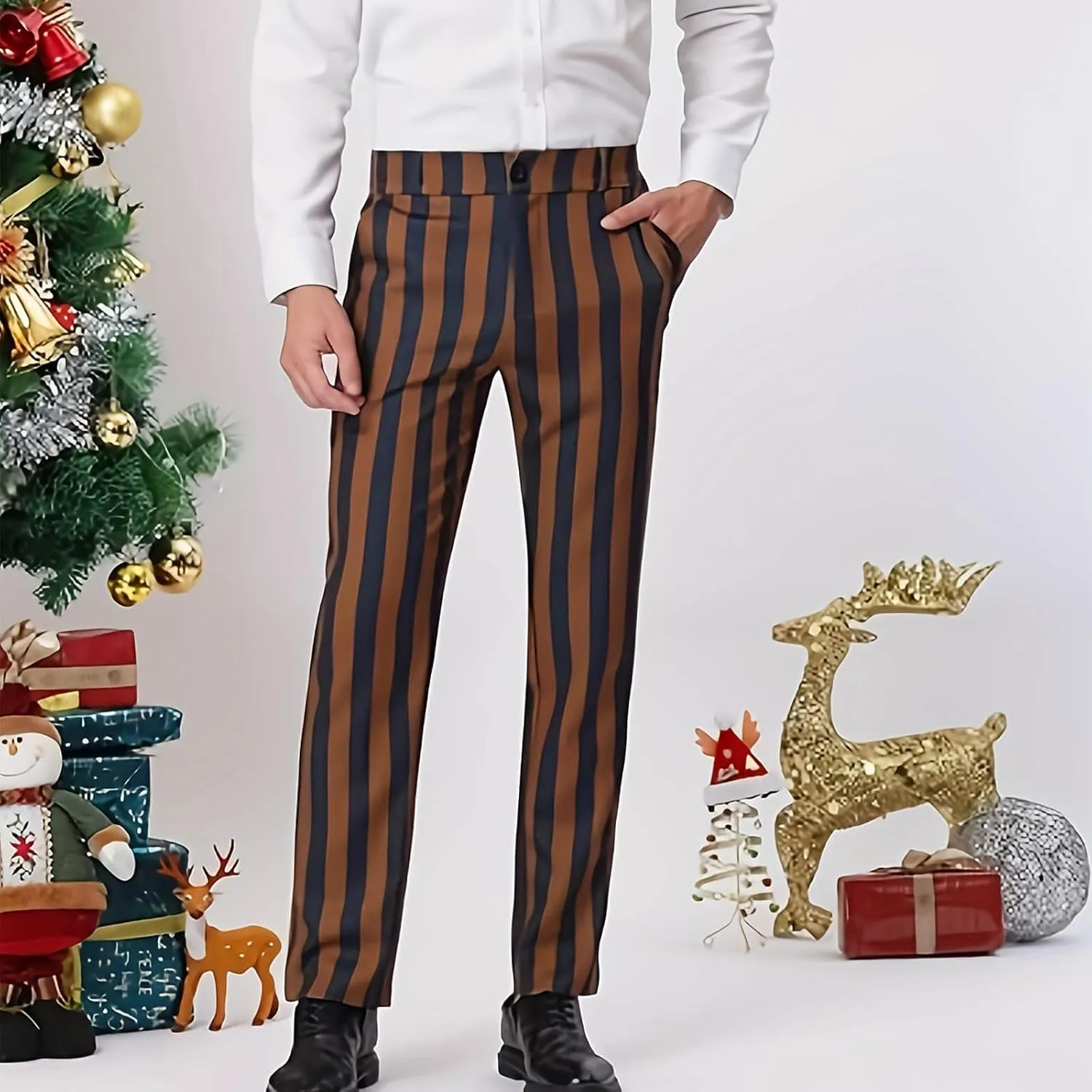 Mens Chinos Pants Stripe Plaid Printed Straight Fit Casual Flat-Front Dress Pants Suit Button Pants Fashion Gifts