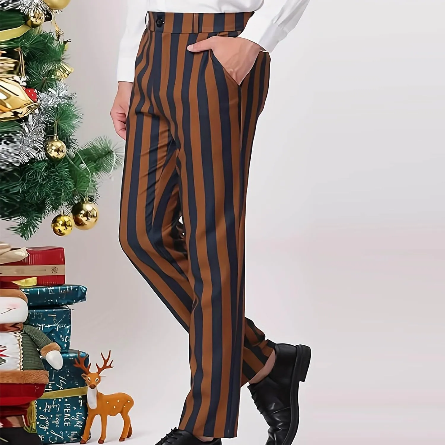 Mens Chinos Pants Stripe Plaid Printed Straight Fit Casual Flat-Front Dress Pants Suit Button Pants Fashion Gifts