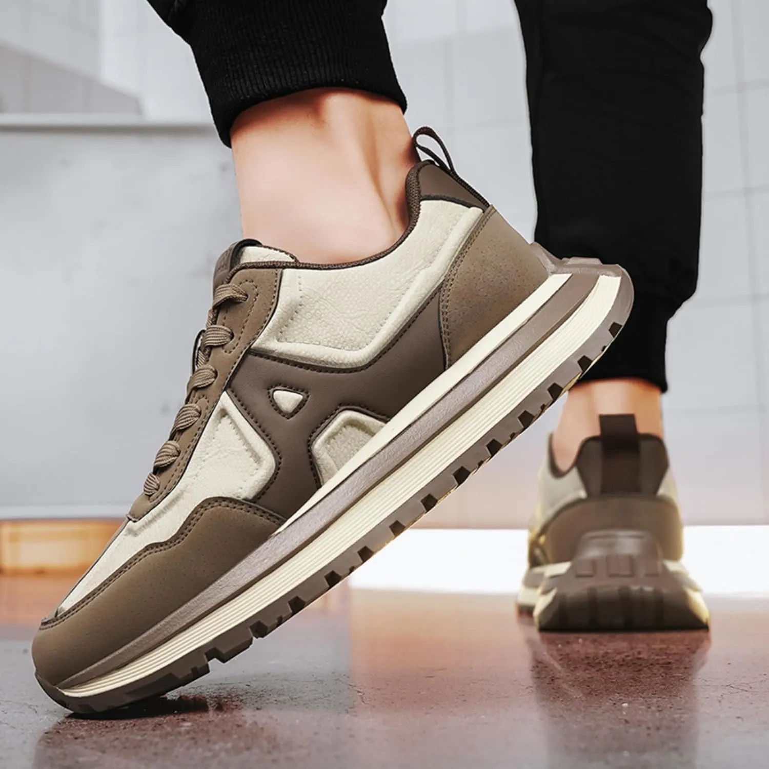 Mens Fashion Lace-Up Platform Sneakers Low-Top Round Toe Non Slip Casual Chunky Shoes for Gym Sports Tennis Jogging Running Walking
