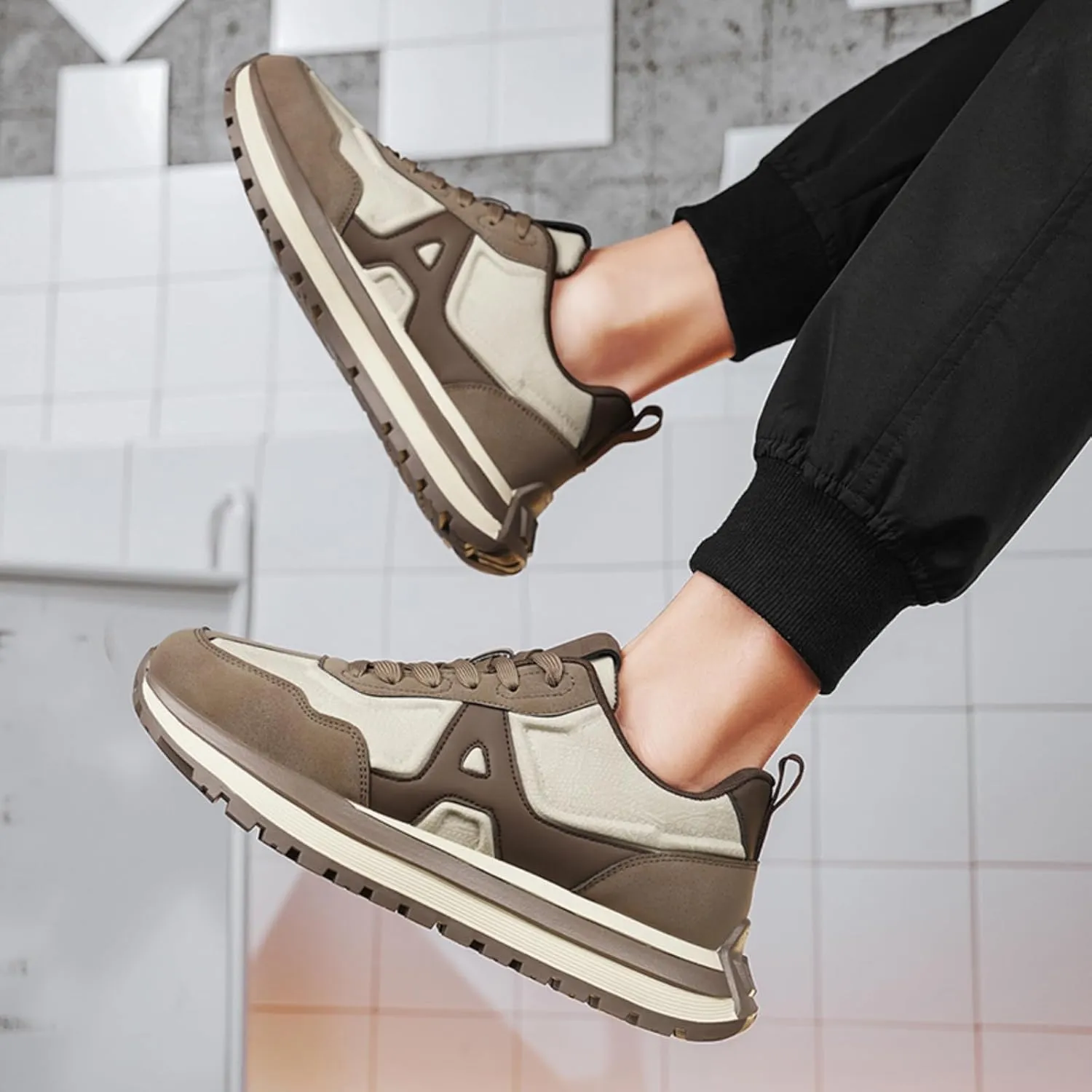 Mens Fashion Lace-Up Platform Sneakers Low-Top Round Toe Non Slip Casual Chunky Shoes for Gym Sports Tennis Jogging Running Walking