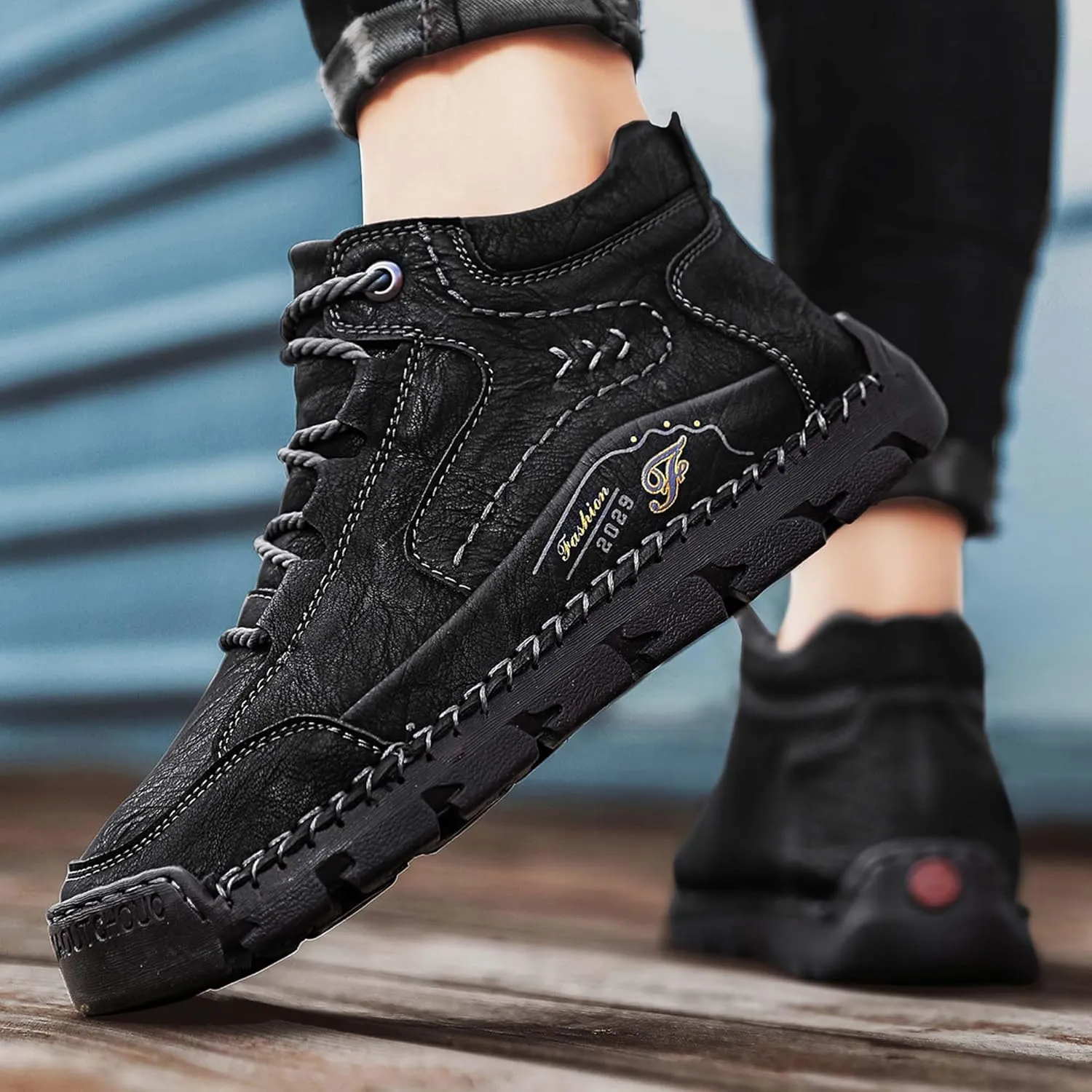Men's Fashion Premium Leather Sneakers,Retro Leather Upper Design,Walking Shoes for Men,Business Casual Shoes,High Top Sneakers,Soft Comfortable Wearable,Hand Sewn
