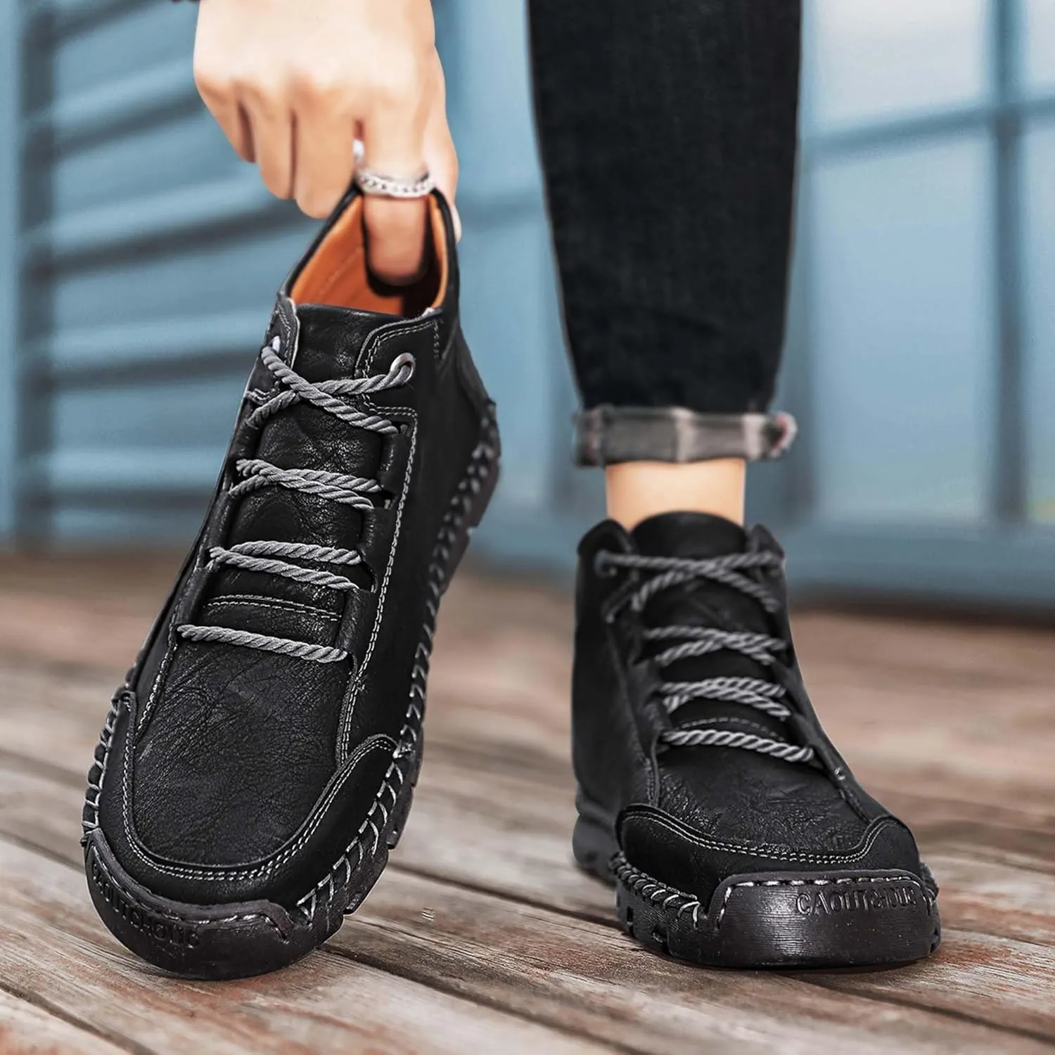 Men's Fashion Premium Leather Sneakers,Retro Leather Upper Design,Walking Shoes for Men,Business Casual Shoes,High Top Sneakers,Soft Comfortable Wearable,Hand Sewn