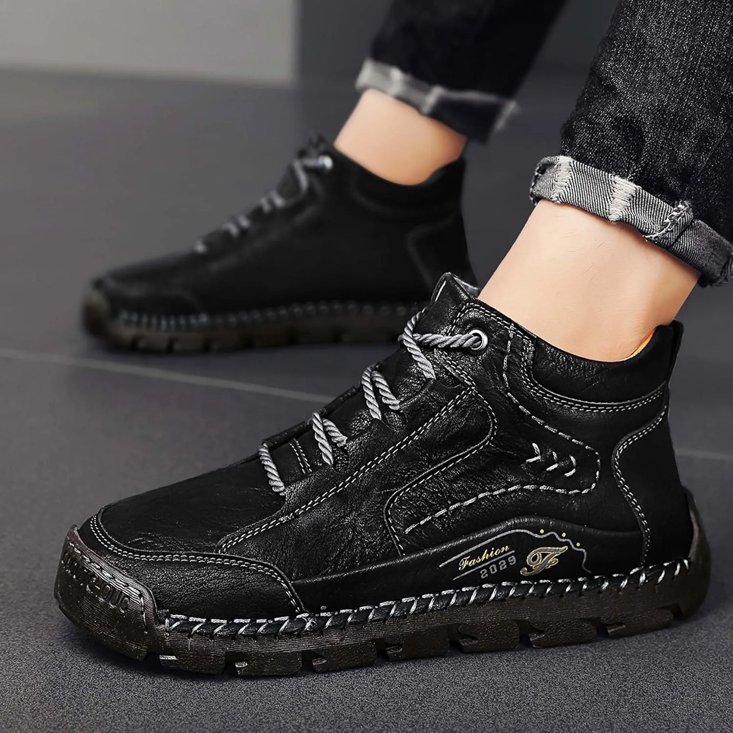 Men's Fashion Premium Leather Sneakers,Retro Leather Upper Design,Walking Shoes for Men,Business Casual Shoes,High Top Sneakers,Soft Comfortable Wearable,Hand Sewn