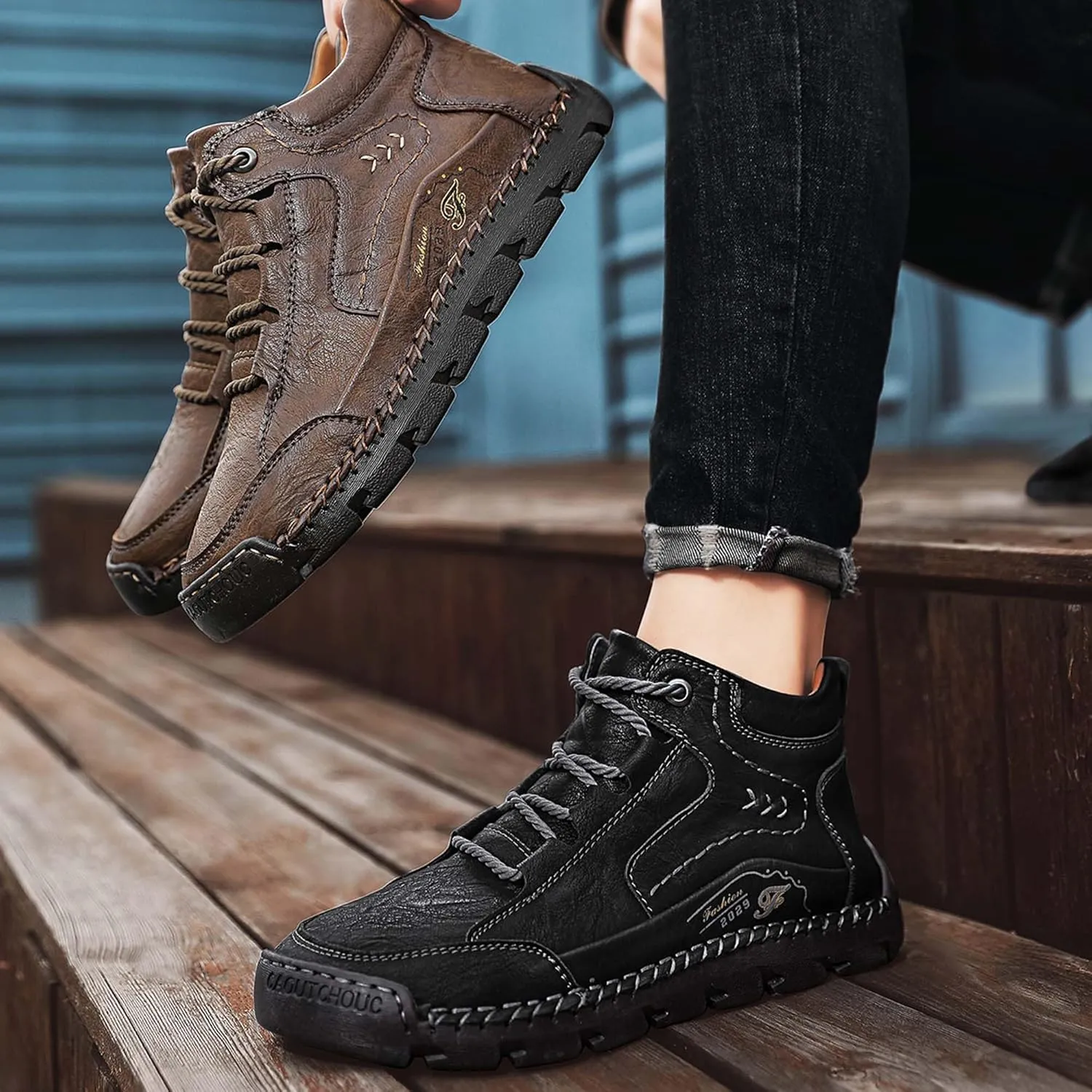 Men's Fashion Premium Leather Sneakers,Retro Leather Upper Design,Walking Shoes for Men,Business Casual Shoes,High Top Sneakers,Soft Comfortable Wearable,Hand Sewn