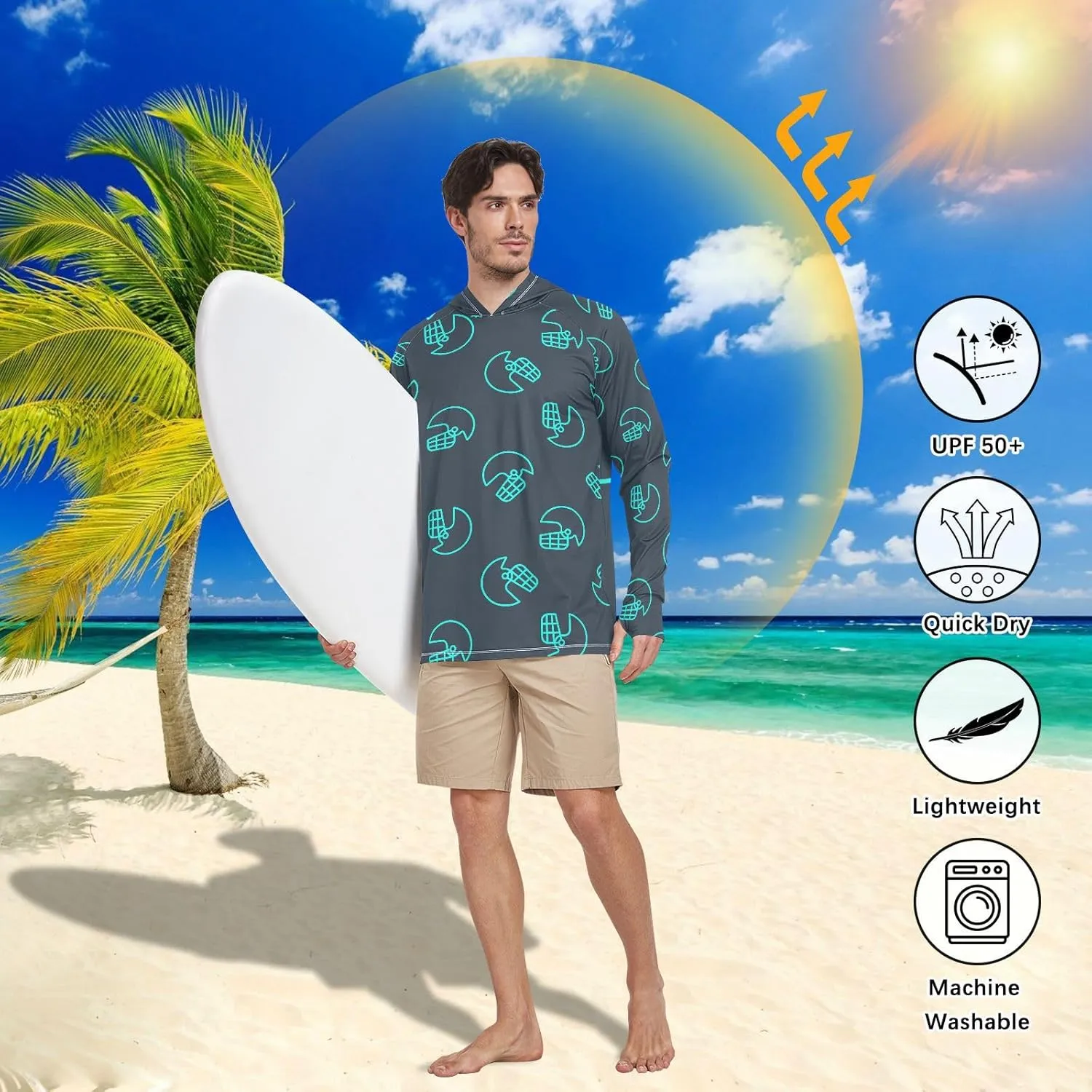 Mens Hoodie Sun Protection Long Sleeve Rugby Helmet Mens Sun Shirts UPF 50  Sun Proof Shirts UV Rashguard for Men