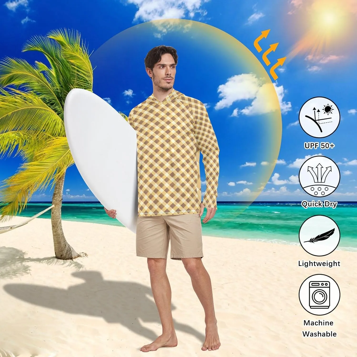 Mens Sun Protection Hoodie Long Sleeve Fishing Shirt UPF 50  Fishing Shirts for Men Rash Guard Shirts Gingham Honey Green