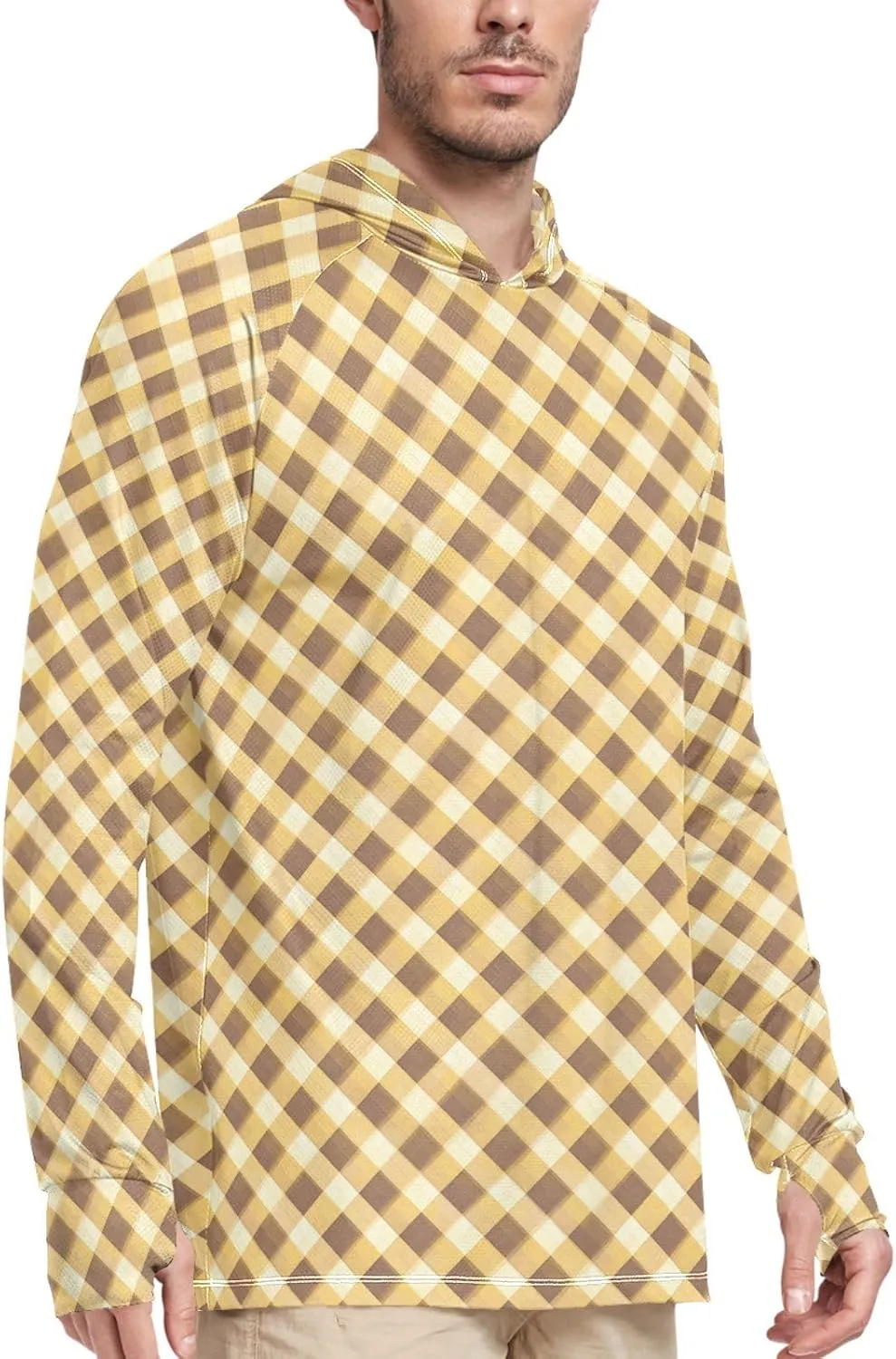 Mens Sun Protection Hoodie Long Sleeve Fishing Shirt UPF 50  Fishing Shirts for Men Rash Guard Shirts Gingham Honey Green