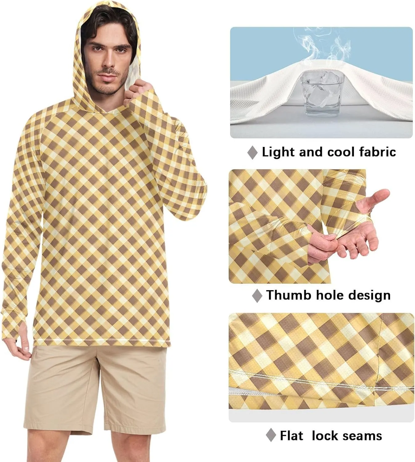 Mens Sun Protection Hoodie Long Sleeve Fishing Shirt UPF 50  Fishing Shirts for Men Rash Guard Shirts Gingham Honey Green