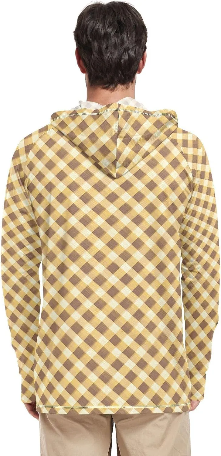 Mens Sun Protection Hoodie Long Sleeve Fishing Shirt UPF 50  Fishing Shirts for Men Rash Guard Shirts Gingham Honey Green