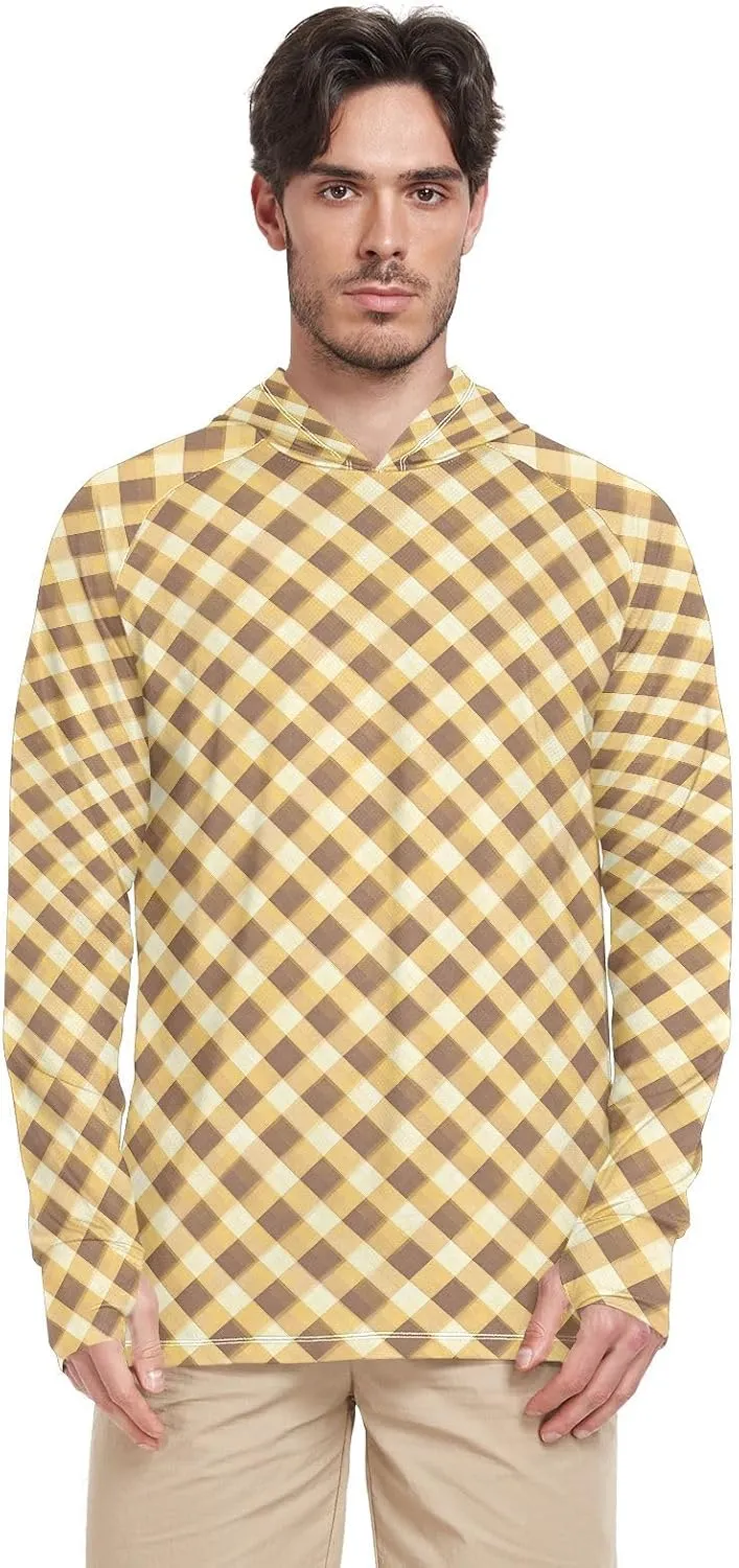 Mens Sun Protection Hoodie Long Sleeve Fishing Shirt UPF 50  Fishing Shirts for Men Rash Guard Shirts Gingham Honey Green