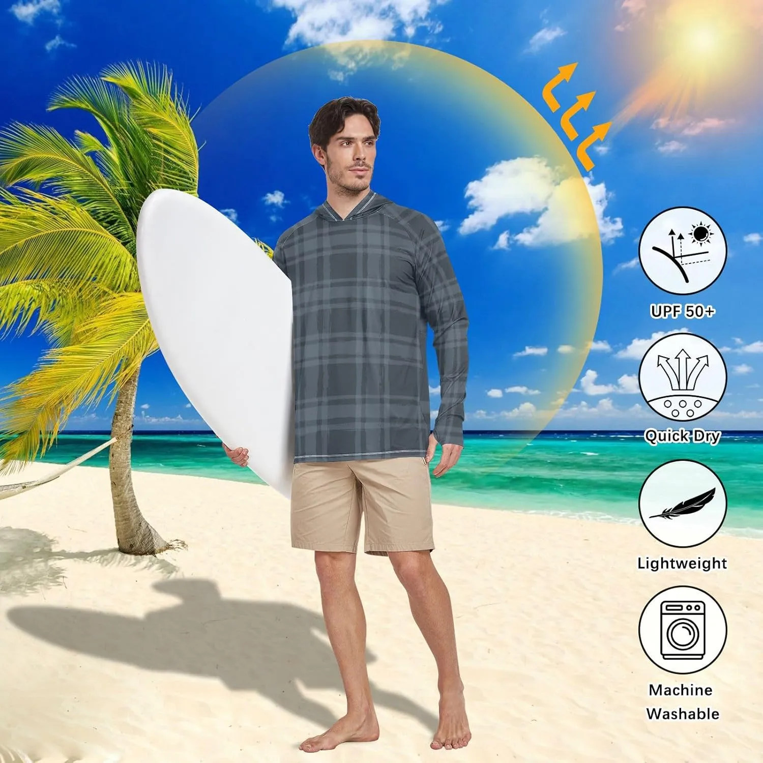 Mens Sun Shirts Protection Long Sleeve Plaid UPF 50 Mens Sun Shirt Sunproof Shirts Mens Rash Guard