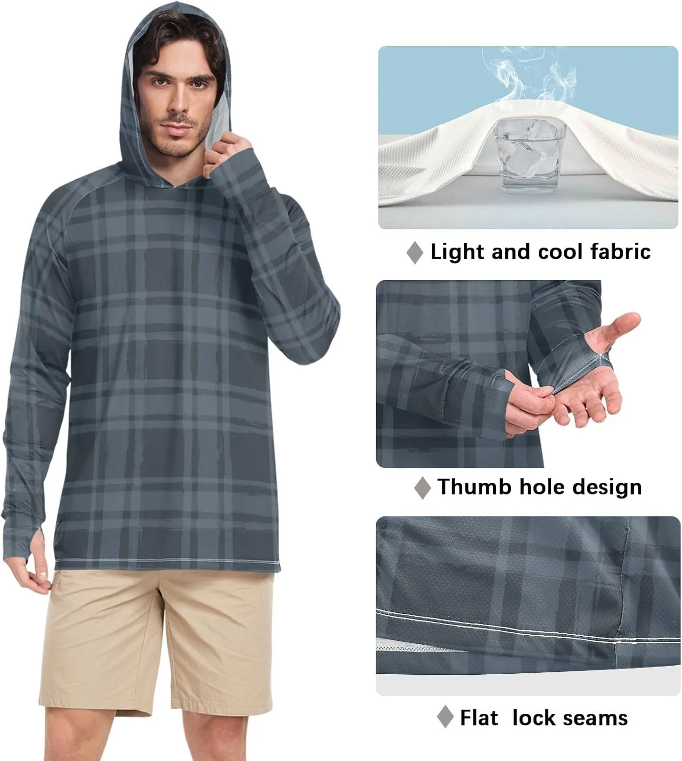 Mens Sun Shirts Protection Long Sleeve Plaid UPF 50 Mens Sun Shirt Sunproof Shirts Mens Rash Guard