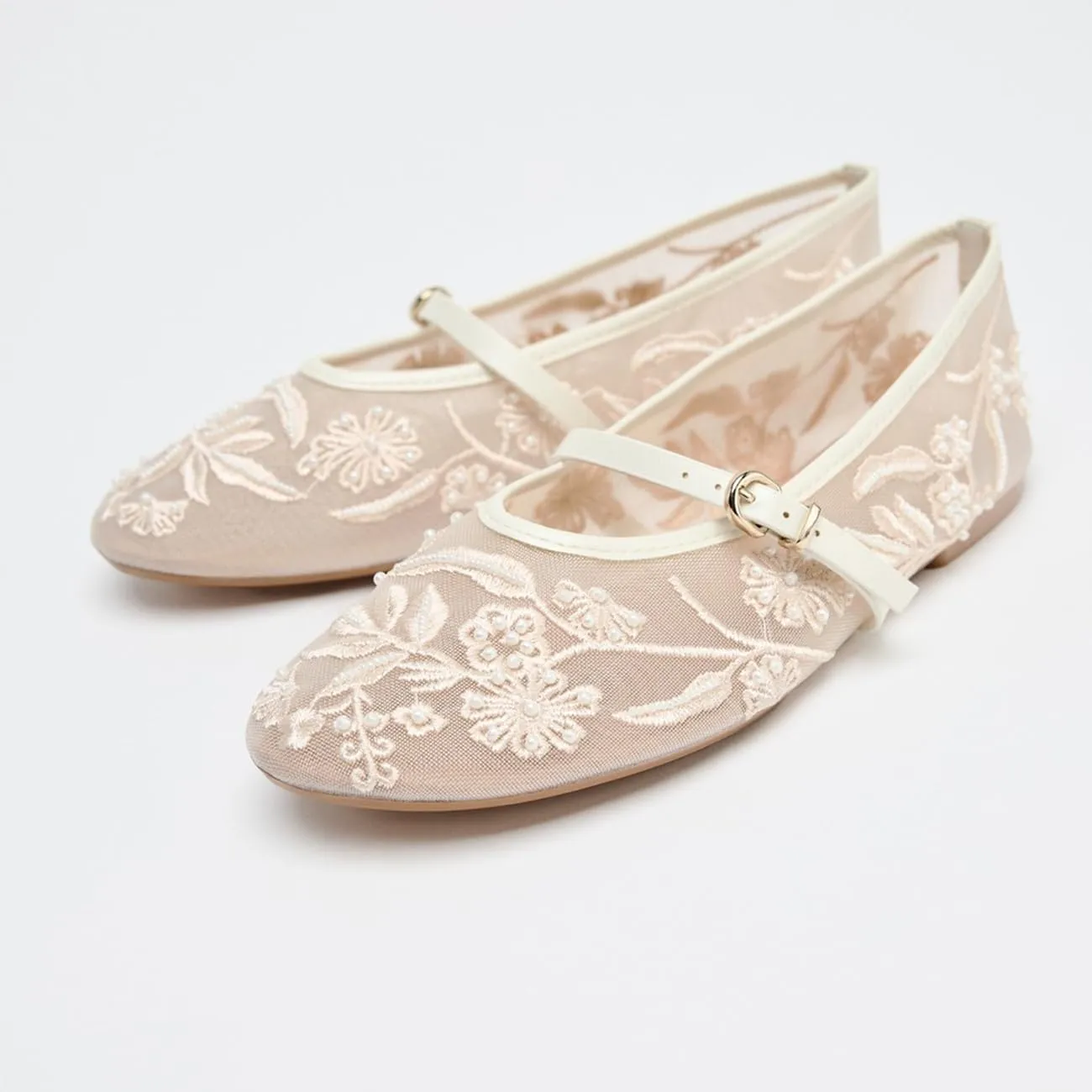 Mesh Ballet Flats for Women Embroidered Floral Round Toe Mary Jane