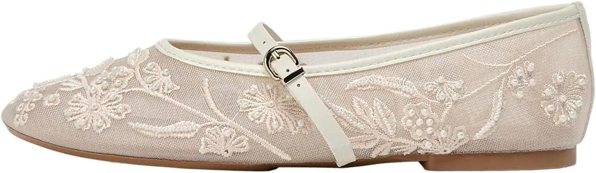 Mesh Ballet Flats for Women Embroidered Floral Round Toe Mary Jane