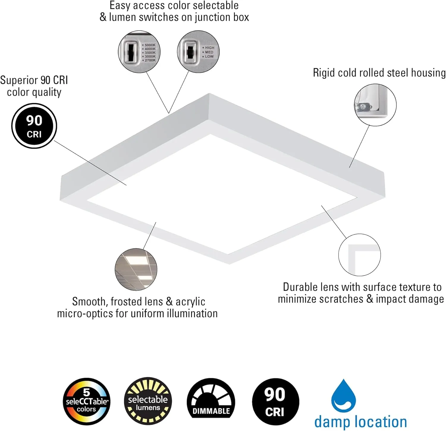 Metalux MMS Multi-Mount 1x1 LED Panel Ceiling Light w/CCT and Lumen Select, and Dimming - 11MMS-L3C5-UNV