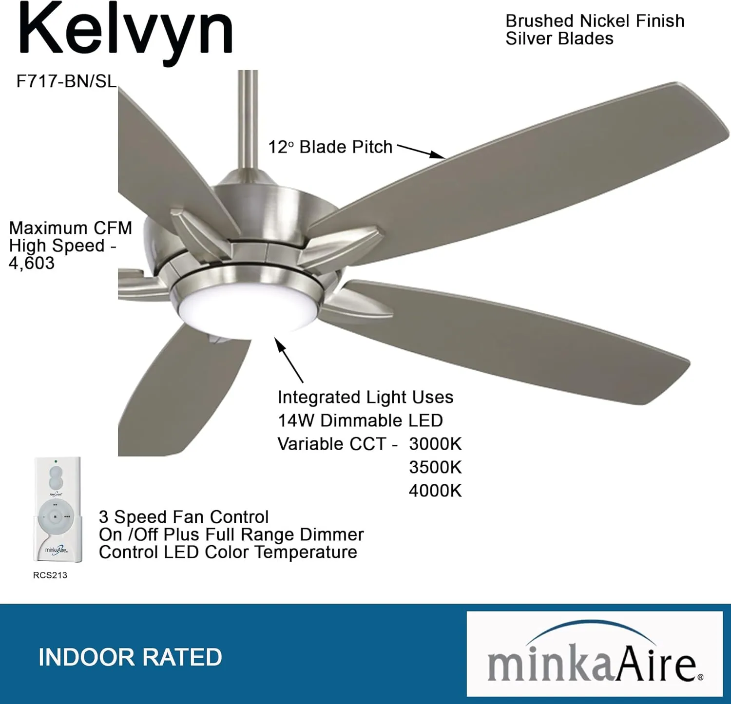 MINKA-AIRE F717L-BN/SL Kelvyn 52-Inch Ceiling Fan with Integrated CCT LED Light Kit in Brushed Nickel Finish