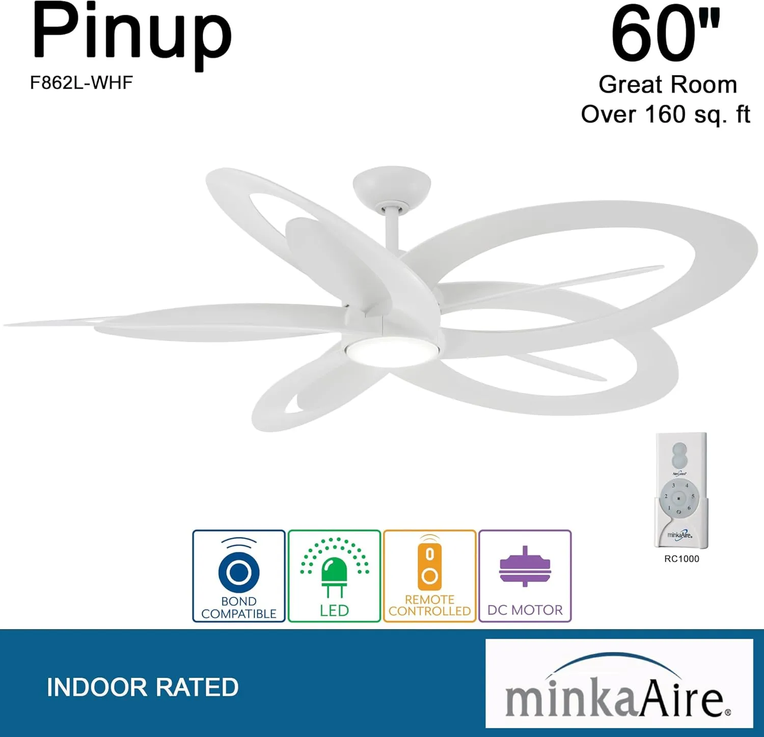 Minka Aire F862L-WHF Pinup 60" Ceiling Fan with LED Light and Remote Control in Flat White Finish