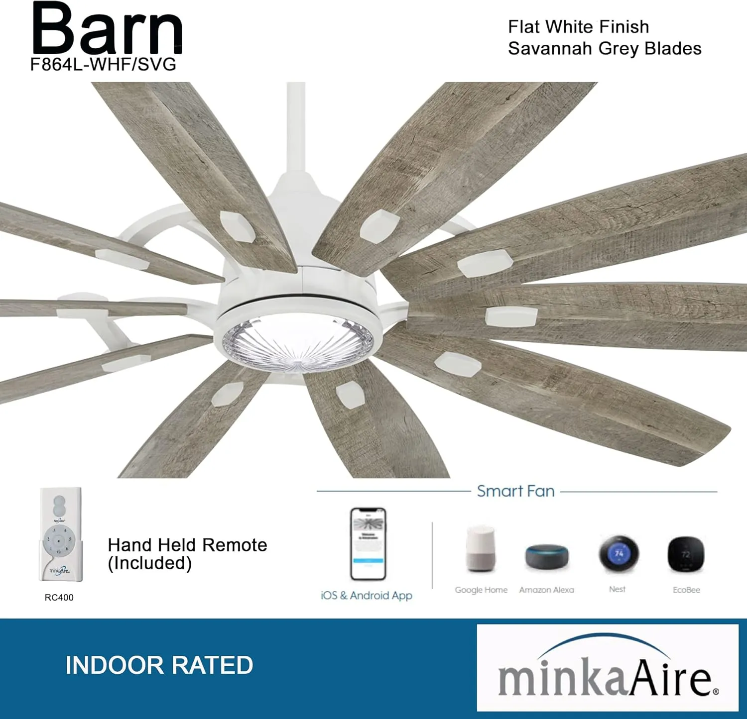 Minka Aire F864L-WHF/SVG Barn 65" Ceiling Fan with LED Lights and Remote Control, Flat White