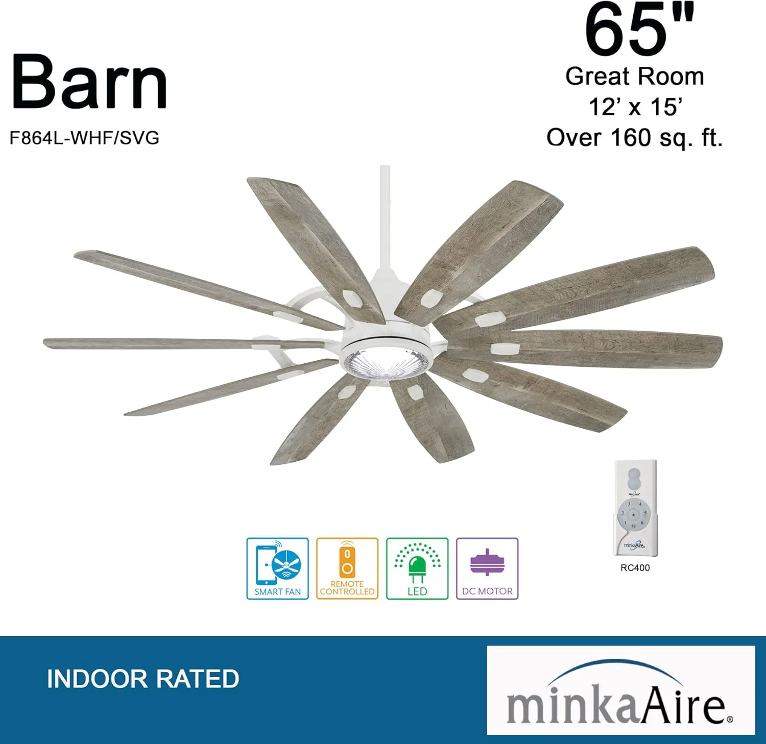 Minka Aire F864L-WHF/SVG Barn 65" Ceiling Fan with LED Lights and Remote Control, Flat White
