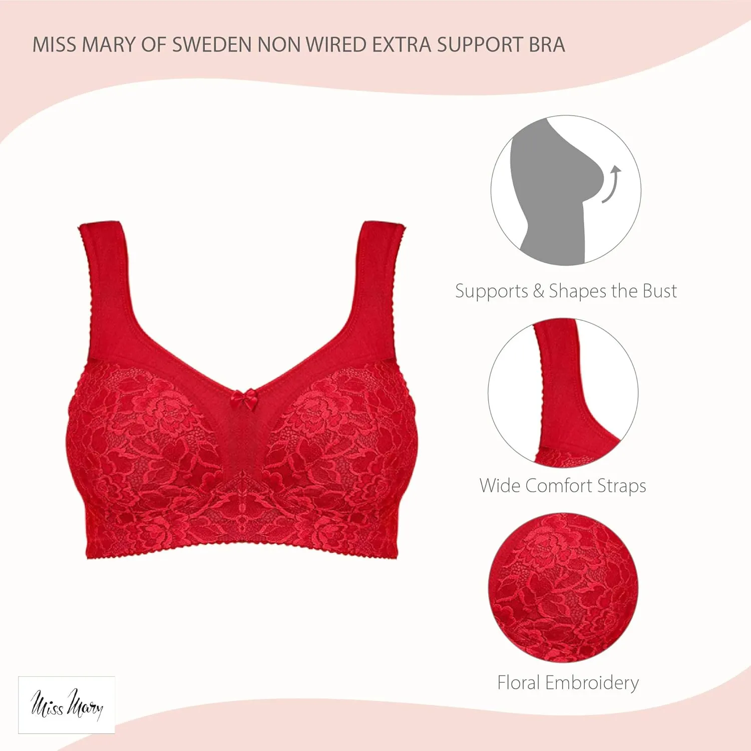Miss Mary of Sweden Queen Non-Wired Bra – Full Cup Extra Support, Stretch Lace & Padded Straps for Comfort