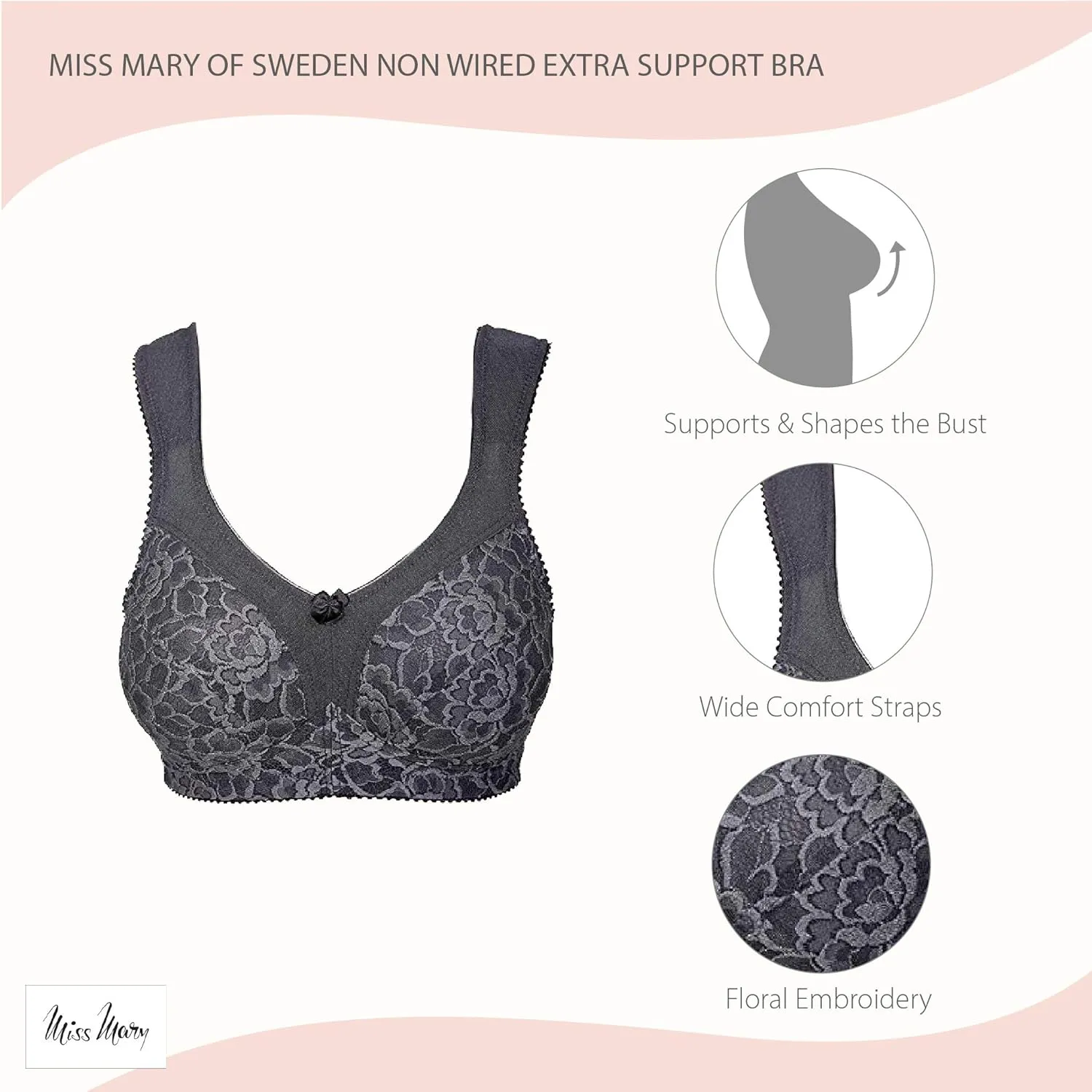 Miss Mary of Sweden Queen Non-Wired Bra – Full Cup Extra Support, Stretch Lace & Padded Straps for Comfort
