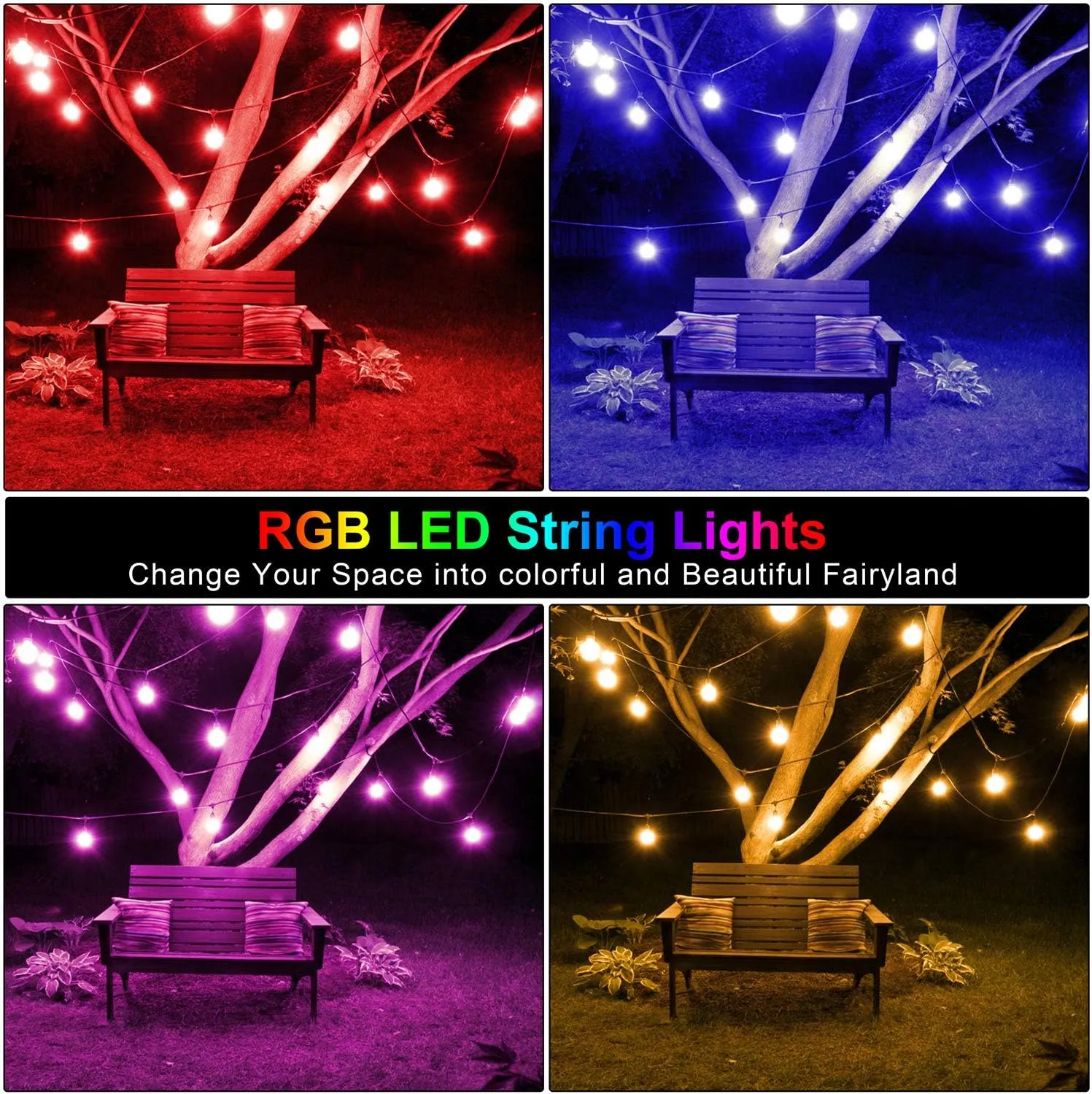 Mlambert 48FT Outdoor Patio Lights Waterproof Dimmable with Remote, RGB Cafe LED String Light with 15 Shatterproof Bulbs for Bistro Party-Black 1 Pack