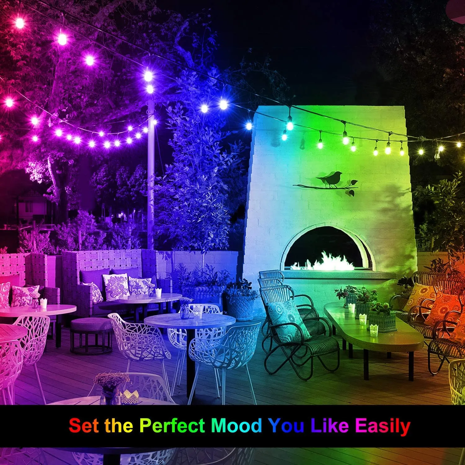 Mlambert 48FT Outdoor Patio Lights Waterproof Dimmable with Remote, RGB Cafe LED String Light with 15 Shatterproof Bulbs for Bistro Party-Black 1 Pack