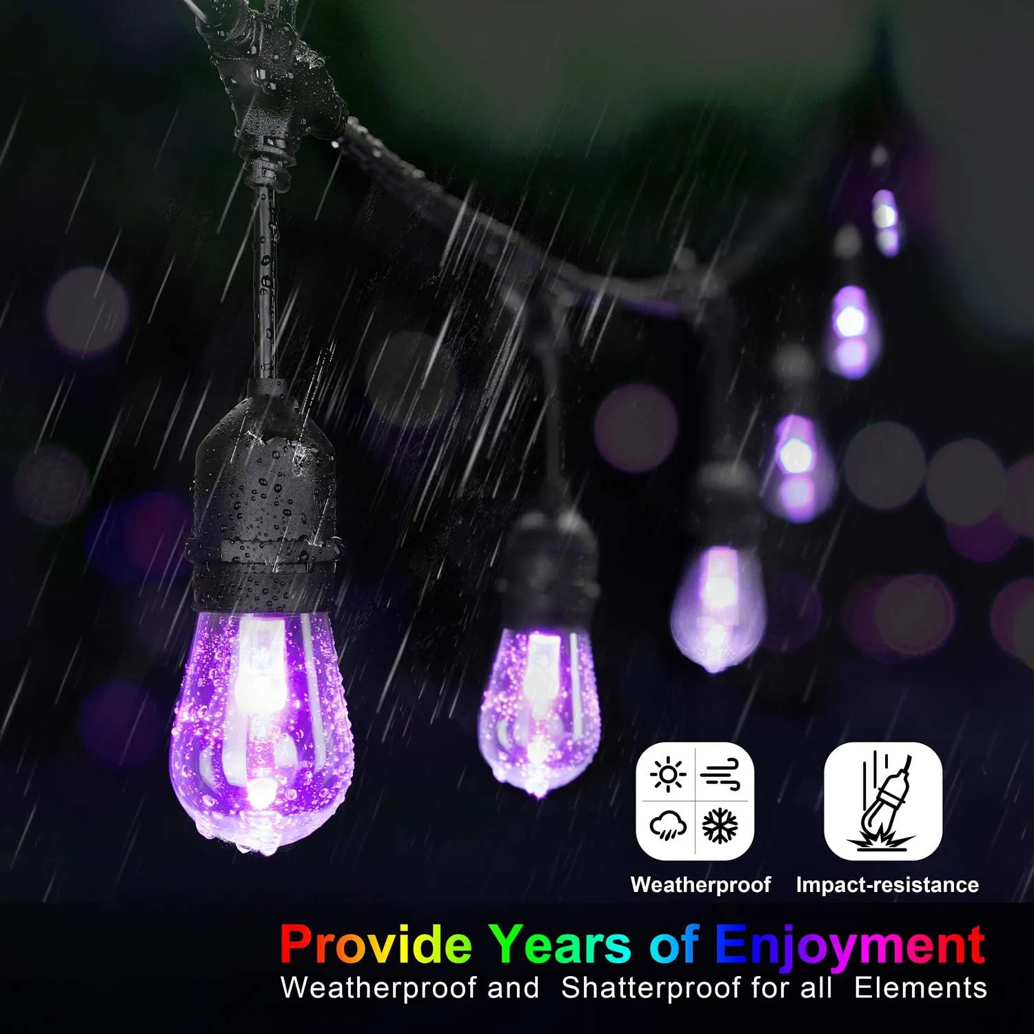 Mlambert 48FT Outdoor Patio Lights Waterproof Dimmable with Remote, RGB Cafe LED String Light with 15 Shatterproof Bulbs for Bistro Party-Black 1 Pack