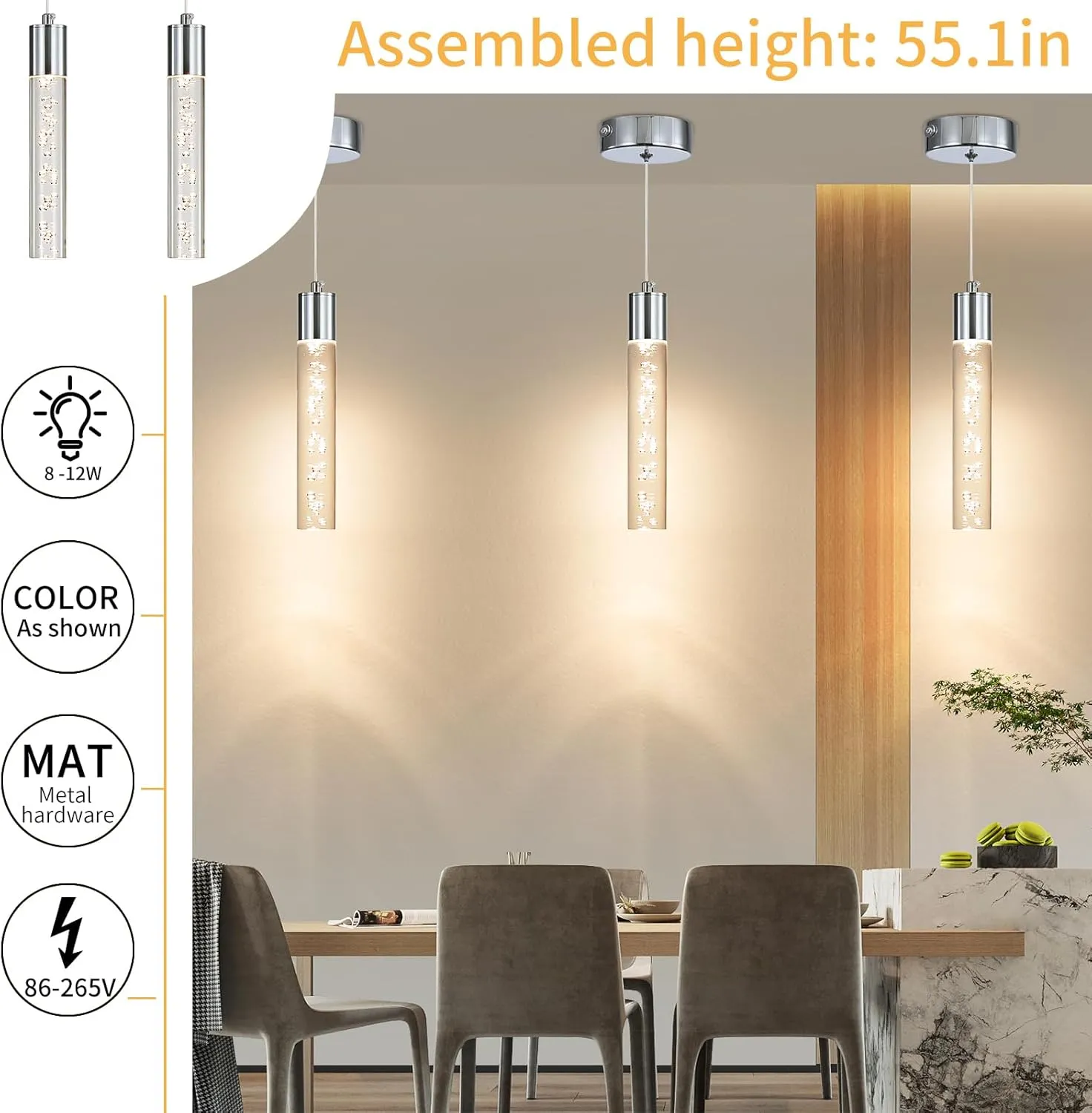 Modern LED Pendant Light, Chrome Bubble Hanging Ceiling Lighting Fixture, 3 Color 2700K/4500K/6500K, Small Kitchen Island Chandelier Over Table for Dining Room, Living Room, Entrance, Bar, Cafe
