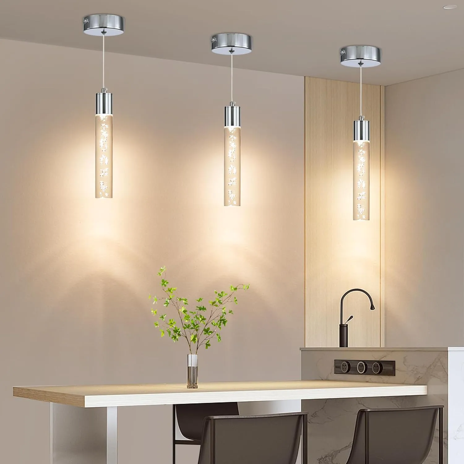 Modern LED Pendant Light, Chrome Bubble Hanging Ceiling Lighting Fixture, 3 Color 2700K/4500K/6500K, Small Kitchen Island Chandelier Over Table for Dining Room, Living Room, Entrance, Bar, Cafe