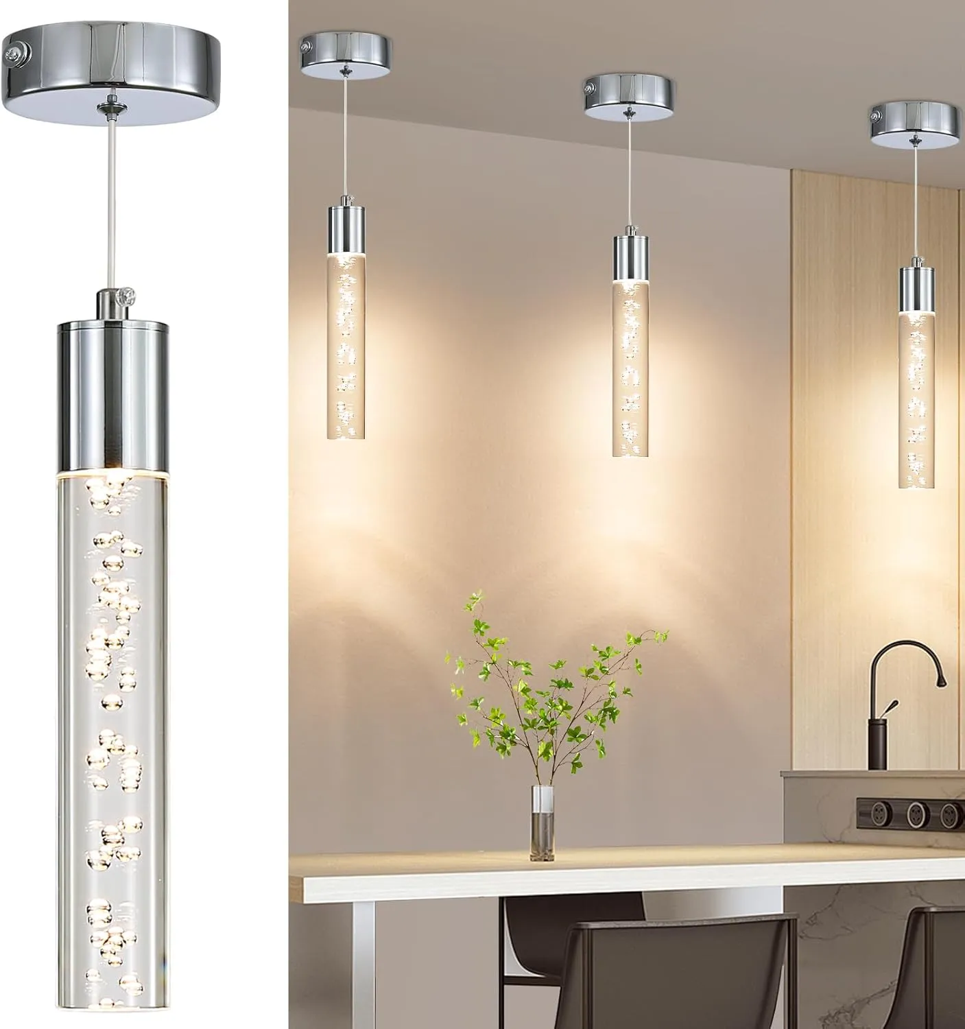 Modern LED Pendant Light, Chrome Bubble Hanging Ceiling Lighting Fixture, 3 Color 2700K/4500K/6500K, Small Kitchen Island Chandelier Over Table for Dining Room, Living Room, Entrance, Bar, Cafe